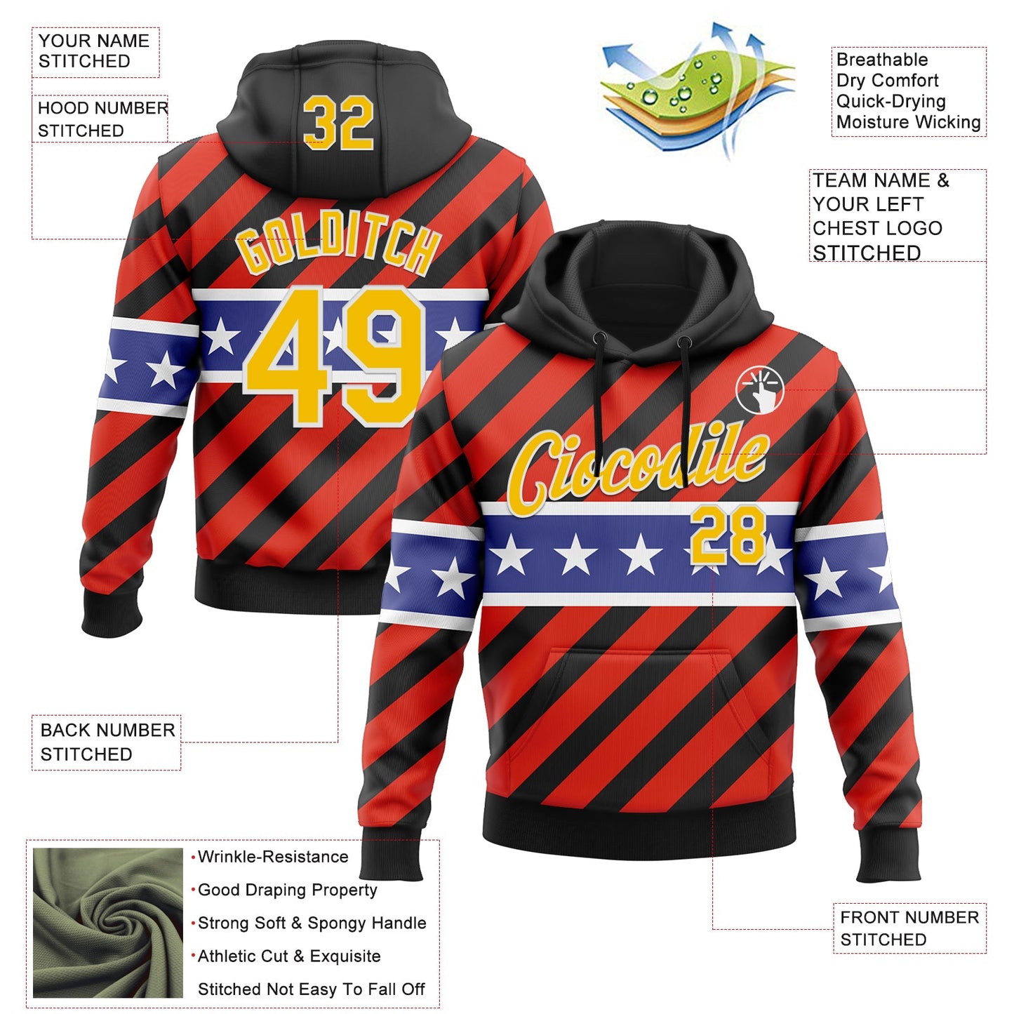 Custom Stitched Black Yellow Red Blue-White 3D Pattern Design American Flag Inspire Patriotic Sportswear Pullover Sweatshirt Hoodie view 2