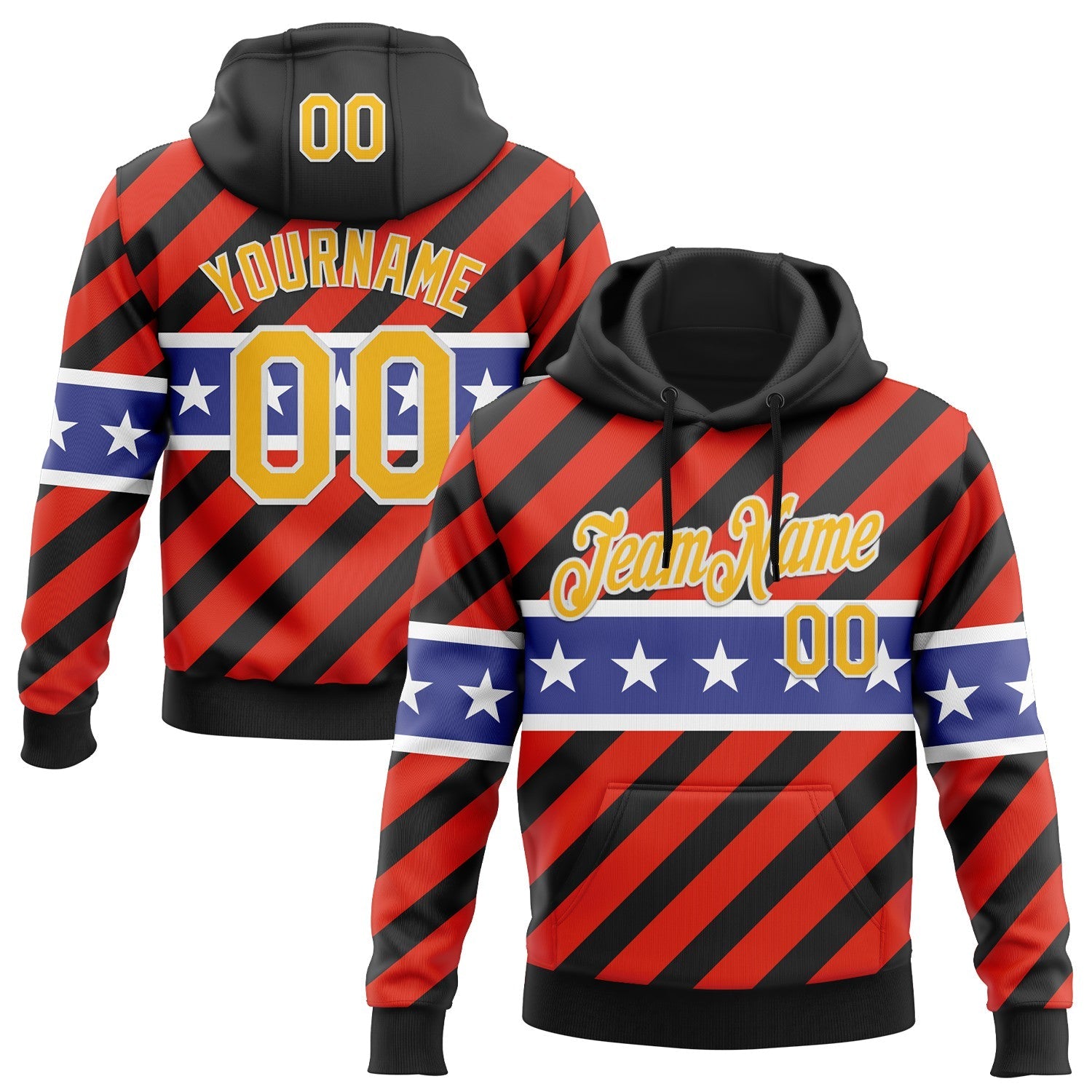 Custom Stitched Black Yellow Red Blue-White 3D Pattern Design American Flag Inspire Patriotic Sportswear Pullover Sweatshirt Hoodie - Main View