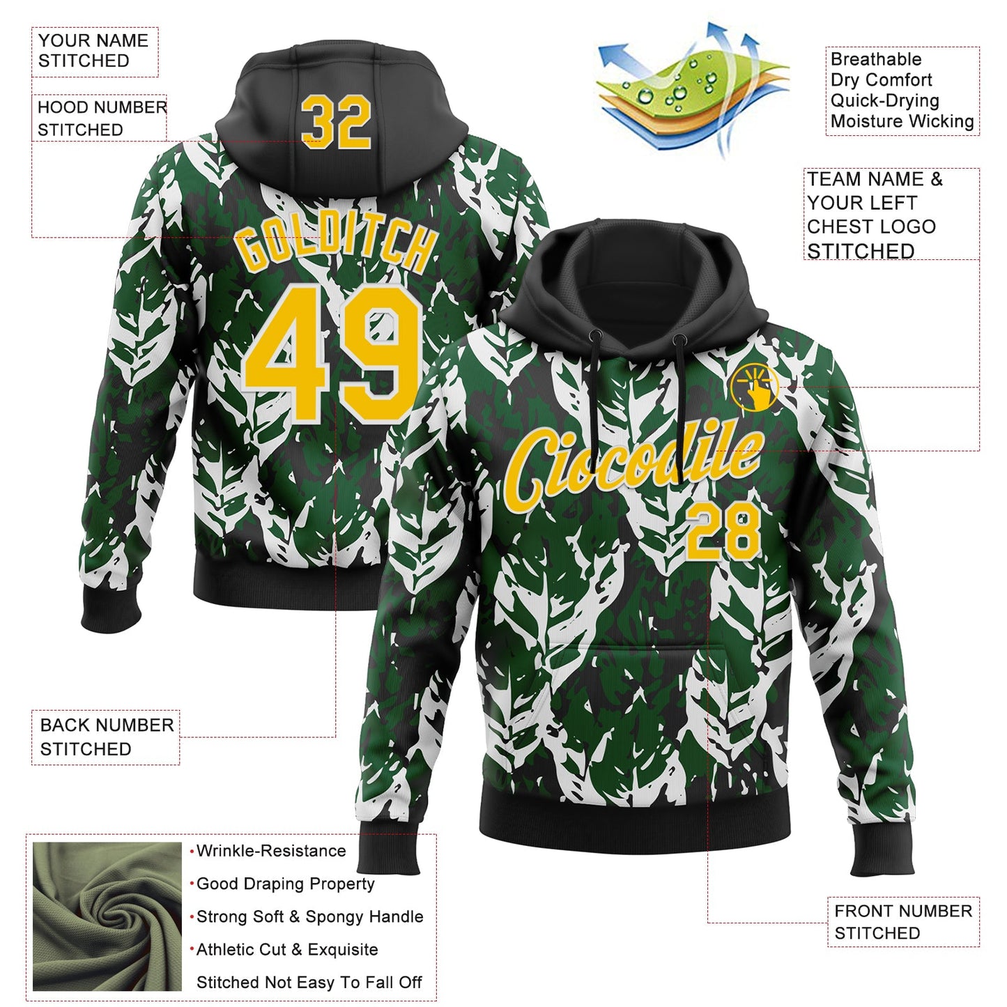 Custom Stitched Black Yellow Green-White 3D Pattern Design Sportswear Pullover Sweatshirt Hoodie view 2