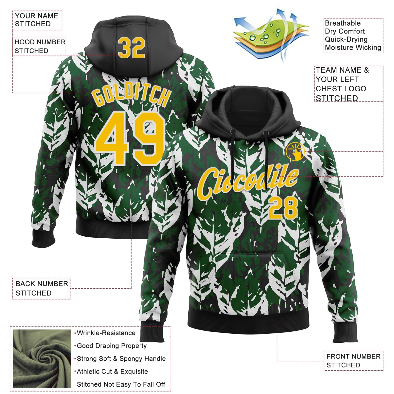 Custom Stitched Black Yellow Green-White 3D Pattern Design Sportswear Pullover Sweatshirt Hoodie view 2