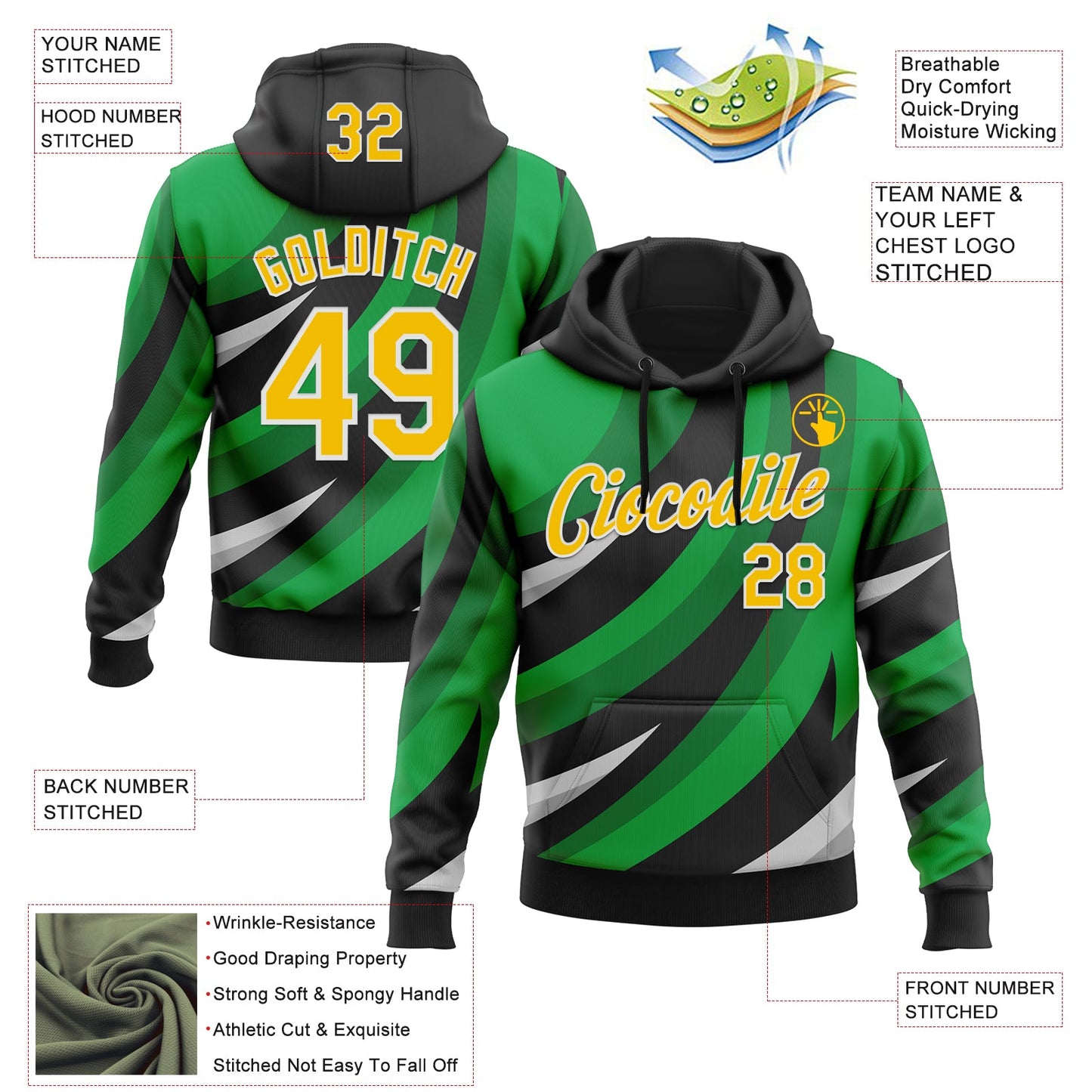 Custom Stitched Black Yellow Green-White 3D Pattern Design Sportswear Pullover Sweatshirt Hoodie view 2