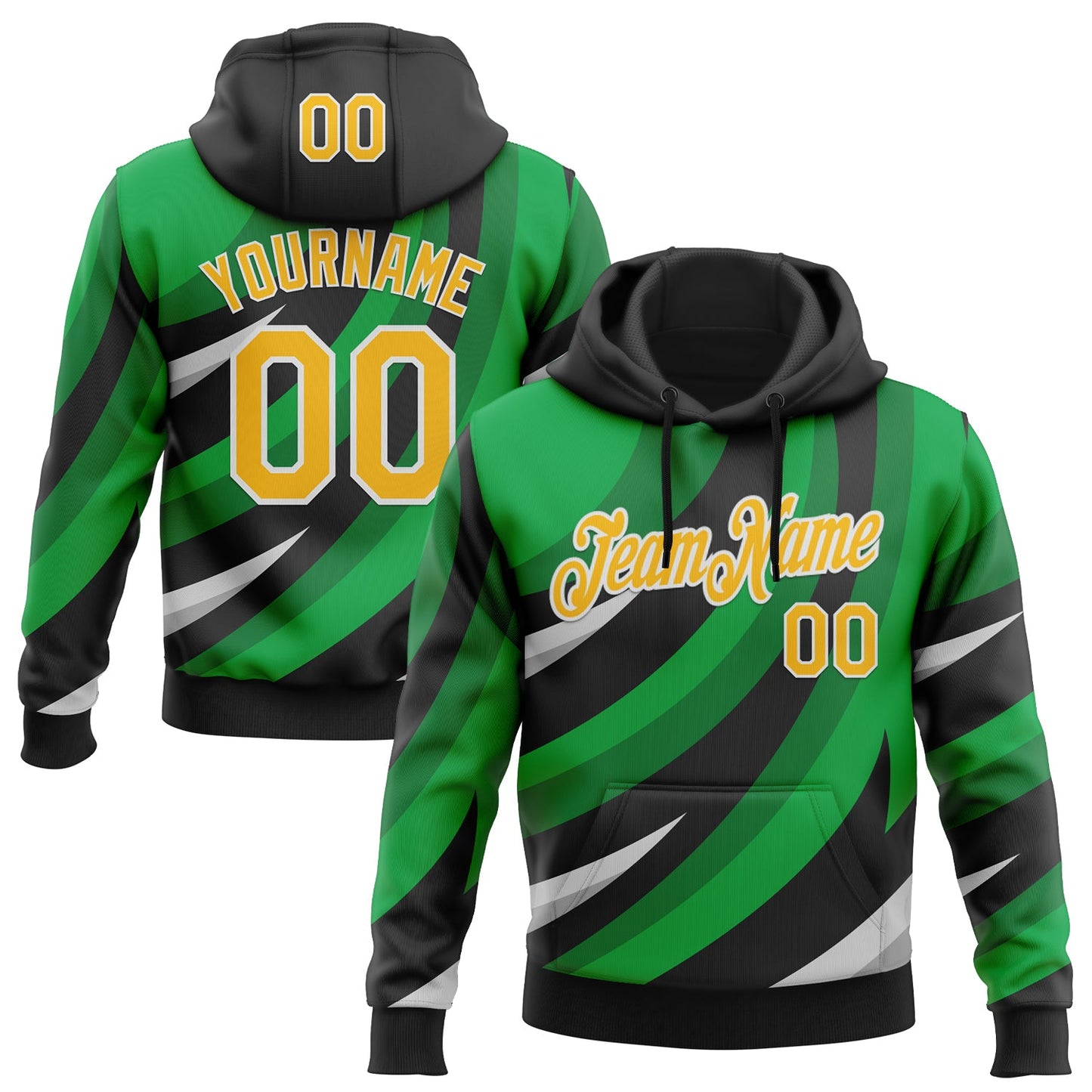 Custom Stitched Black Yellow Green-White 3D Pattern Design Sportswear Pullover Sweatshirt Hoodie - Main View