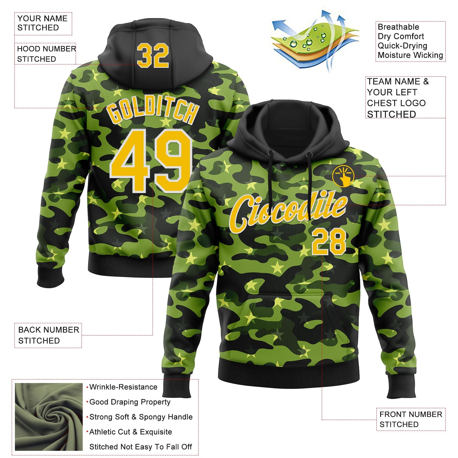 Custom Stitched Black Yellow-White 3D Pattern Design Camo Military Sportswear Pullover Sweatshirt Hoodie view 2