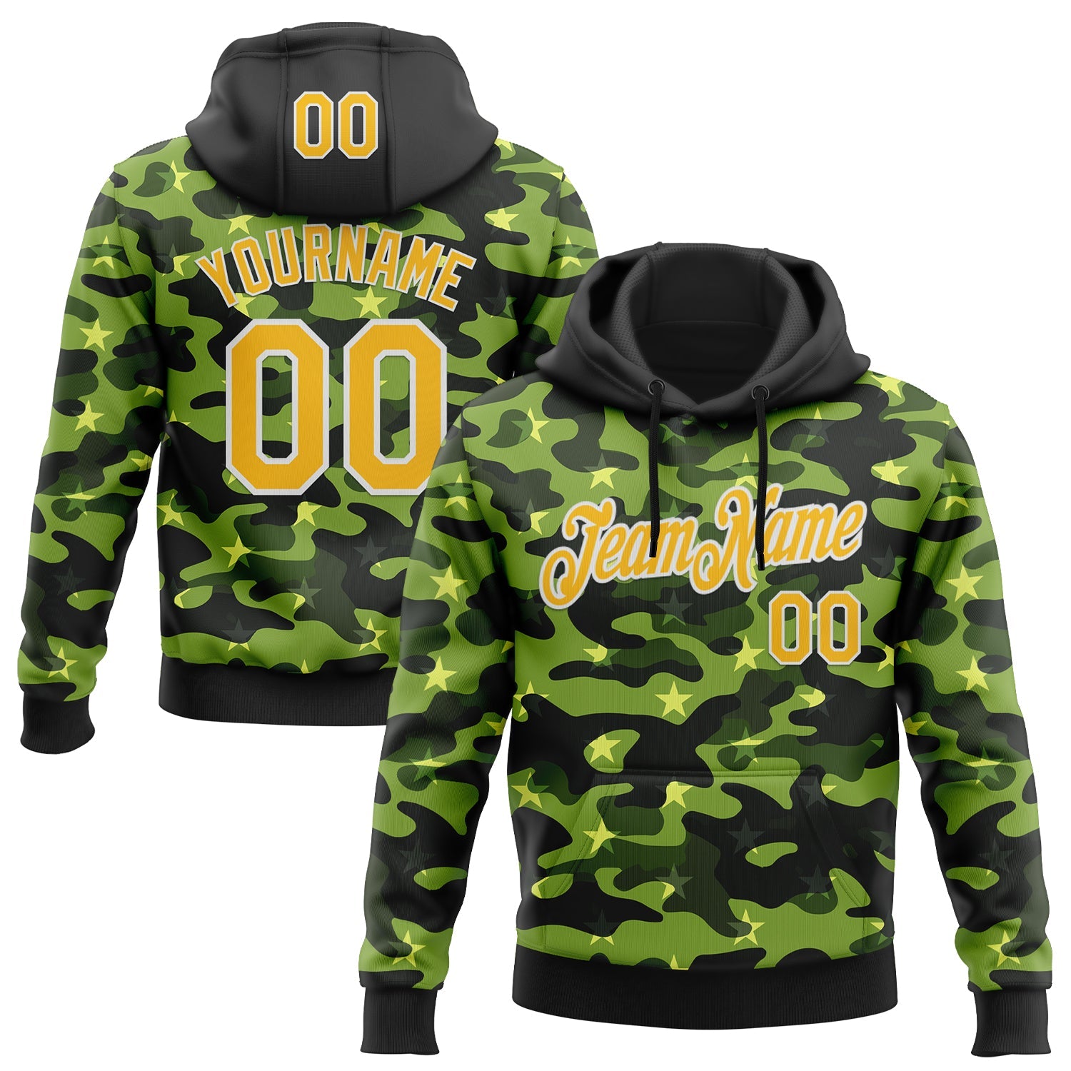 Custom Stitched Black Yellow-White 3D Pattern Design Camo Military Sportswear Pullover Sweatshirt Hoodie - Main View