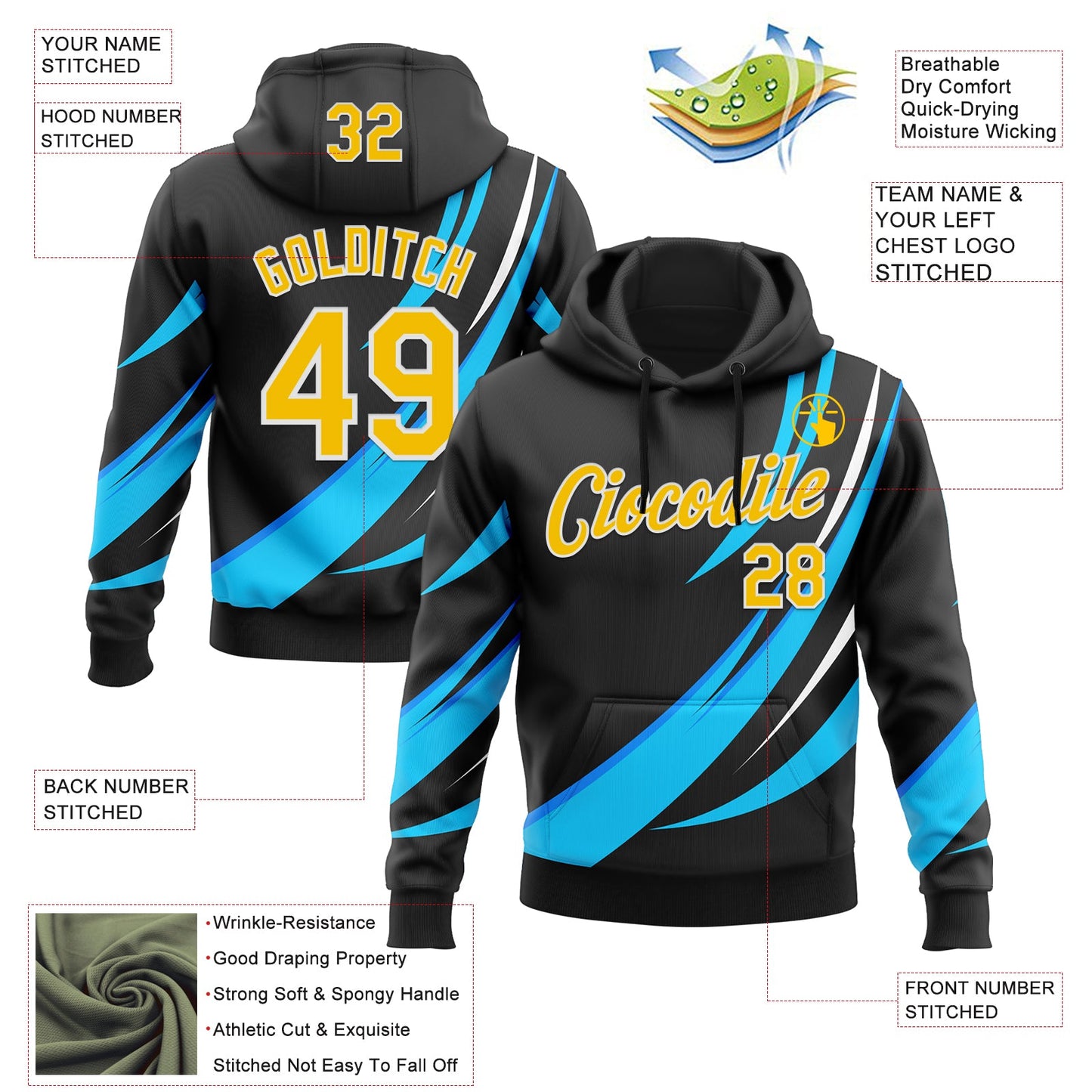 Custom Stitched Black Yellow Blue-White 3D Pattern Design Sportswear Pullover Sweatshirt Hoodie view 2