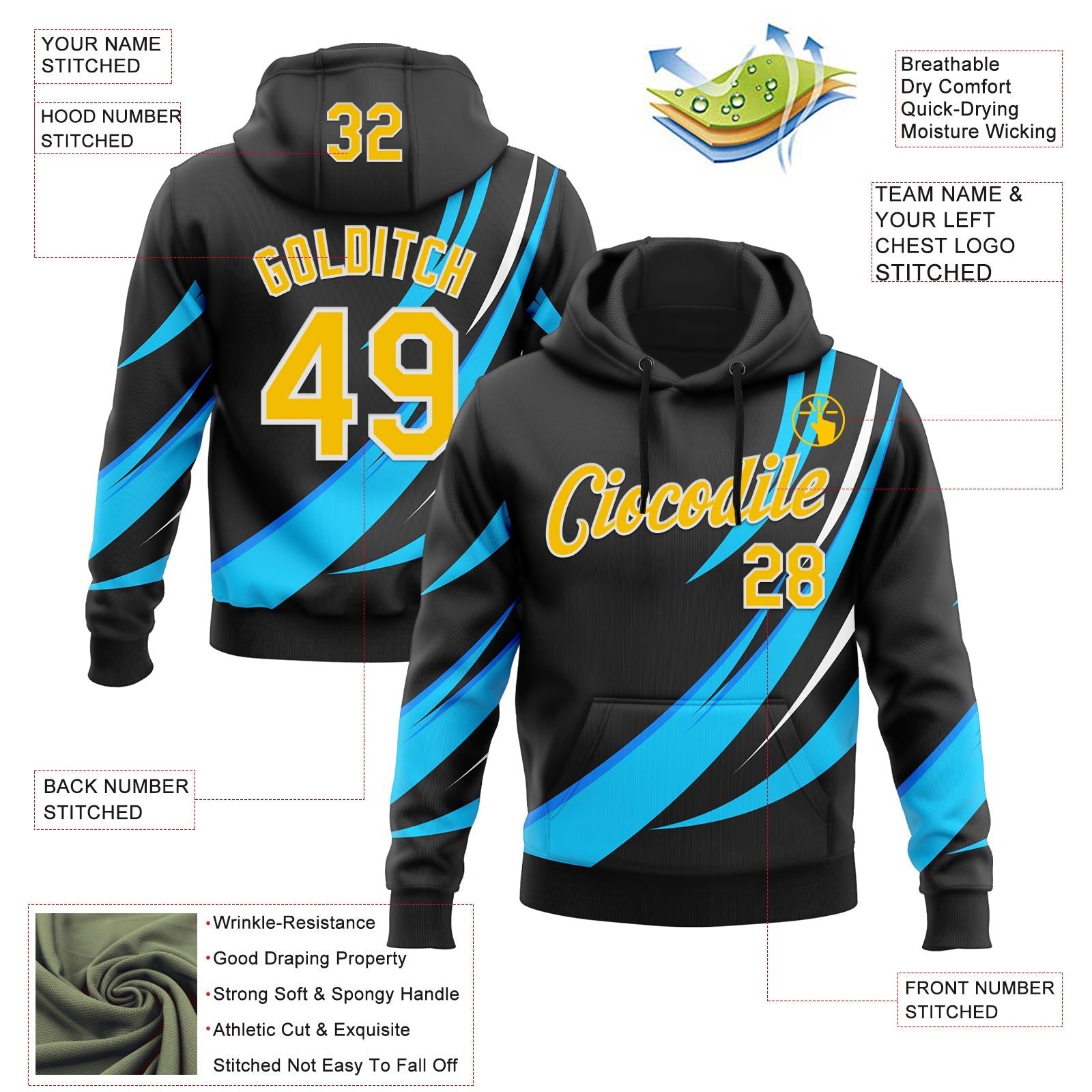 Custom Stitched Black Yellow Blue-White 3D Pattern Design Sportswear Pullover Sweatshirt Hoodie view 2