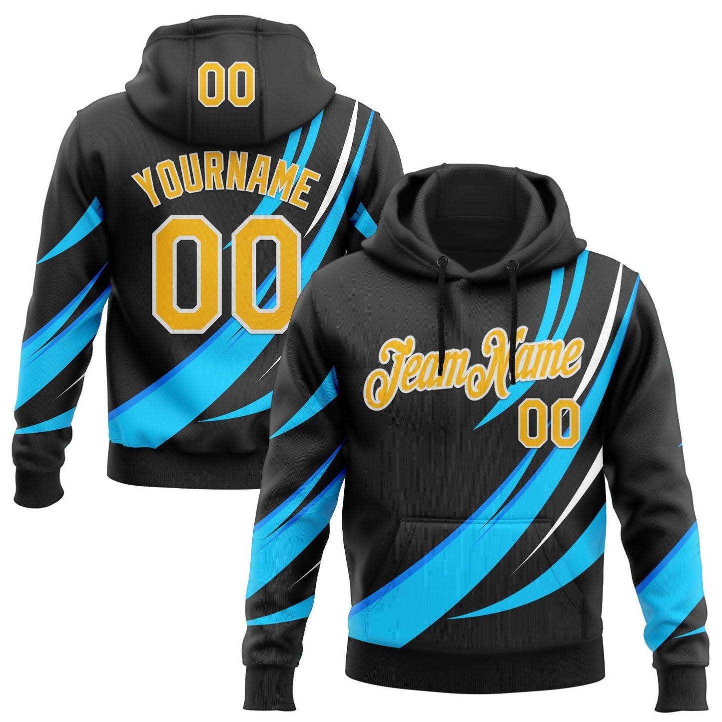 Custom Stitched Black Yellow Blue-White 3D Pattern Design Sportswear Pullover Sweatshirt Hoodie - Main View