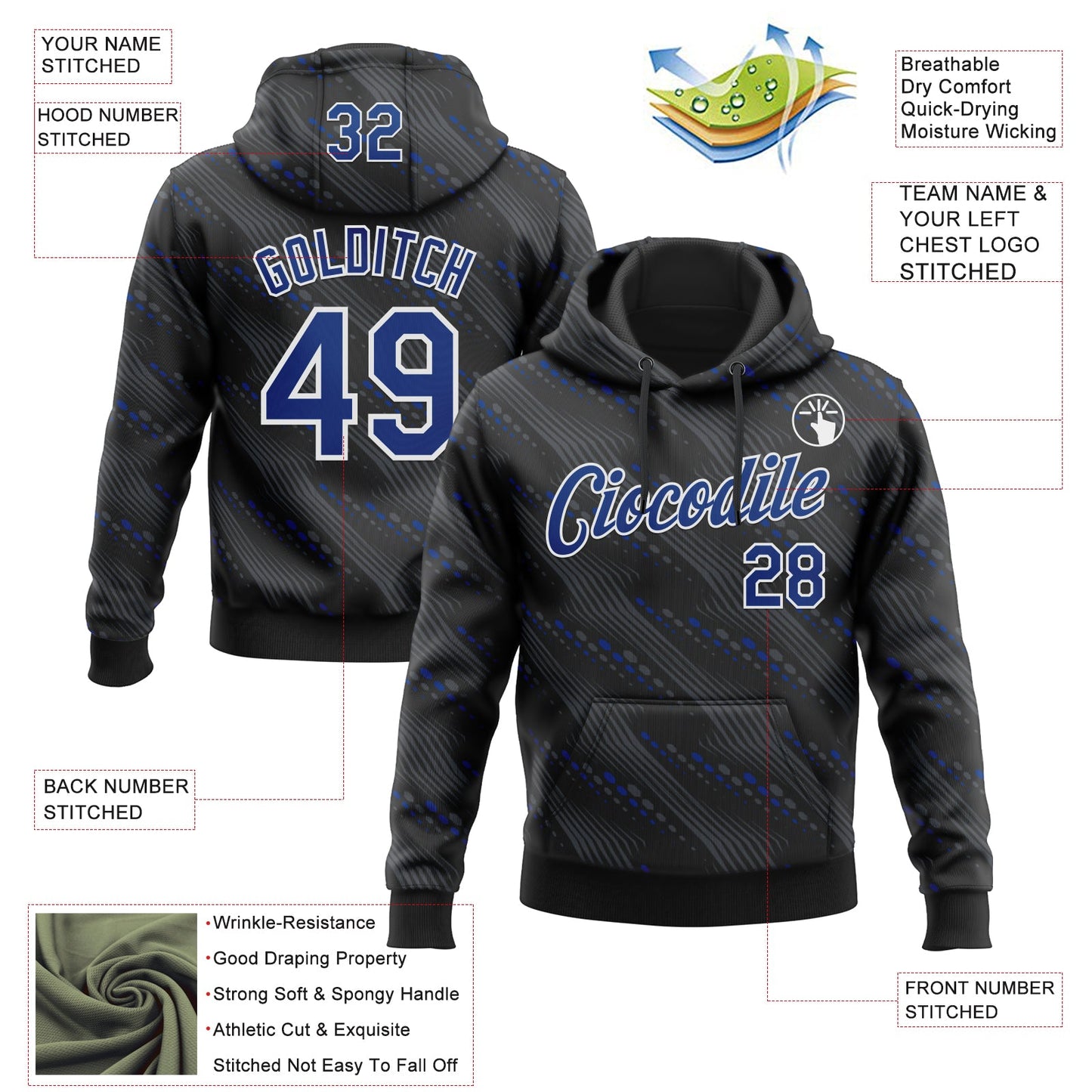 Custom Stitched Black Royal-White Slant Lines Sports Pullover Sweatshirt Hoodie view 4