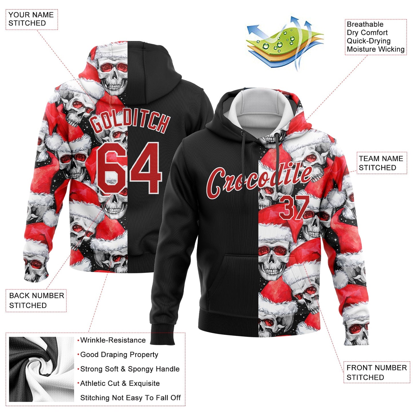 Custom Stitched Black Red-White 3D Skulls And Christmas Santa's Hat Sports Pullover Sweatshirt Hoodie view 2