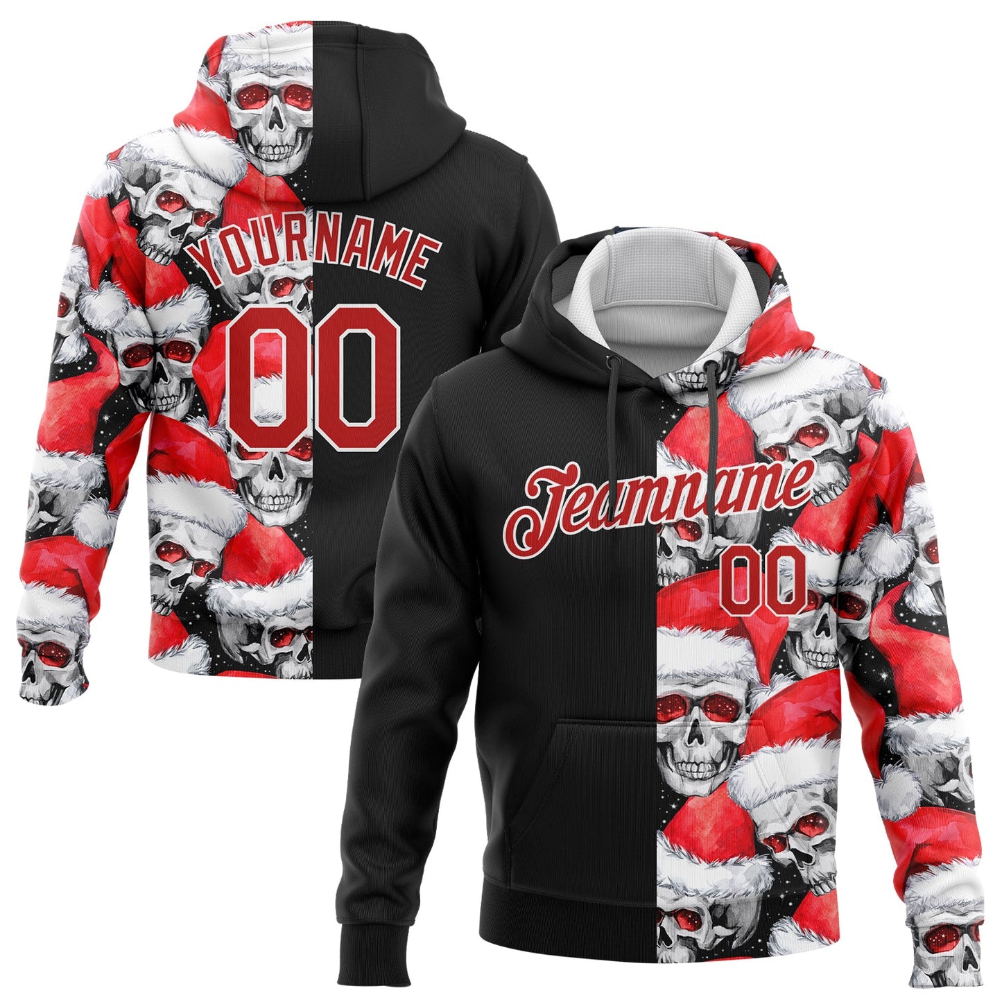 Custom Stitched Black Red-White 3D Skulls And Christmas Santa's Hat Sports Pullover Sweatshirt Hoodie - Main View
