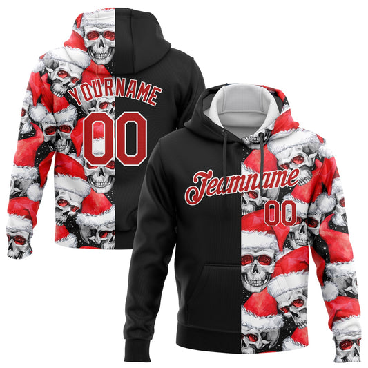 Custom Stitched Black Red-White 3D Skulls And Christmas Santa's Hat Sports Pullover Sweatshirt Hoodie - Main View