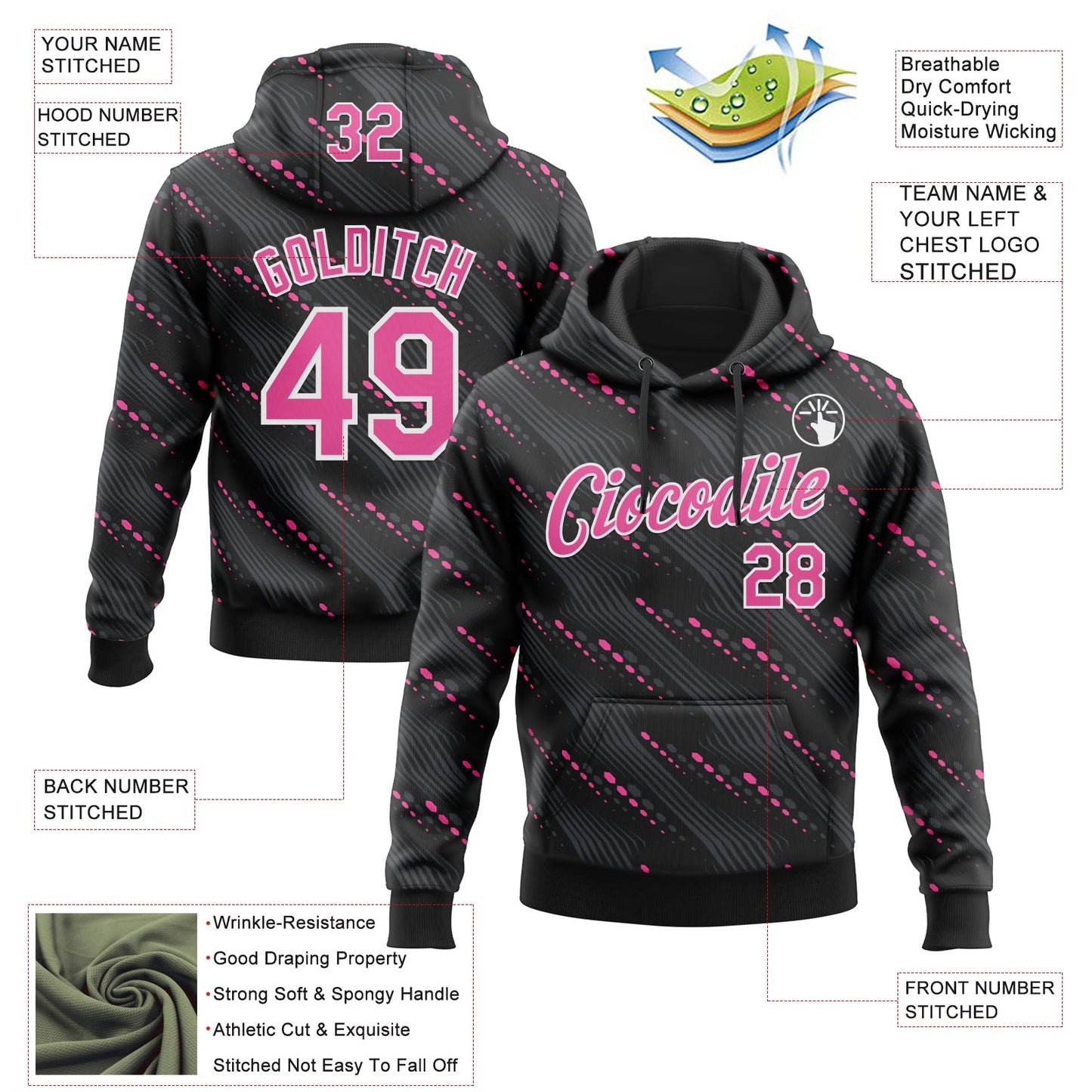 Custom Stitched Black Pink-White Slant Lines Sports Pullover Sweatshirt Hoodie view 4