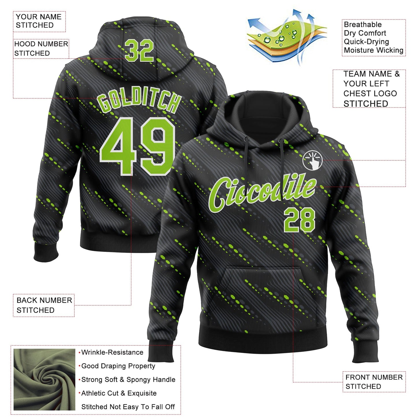 Custom Stitched Black Neon Green-White Slant Lines Sports Pullover Sweatshirt Hoodie view 4