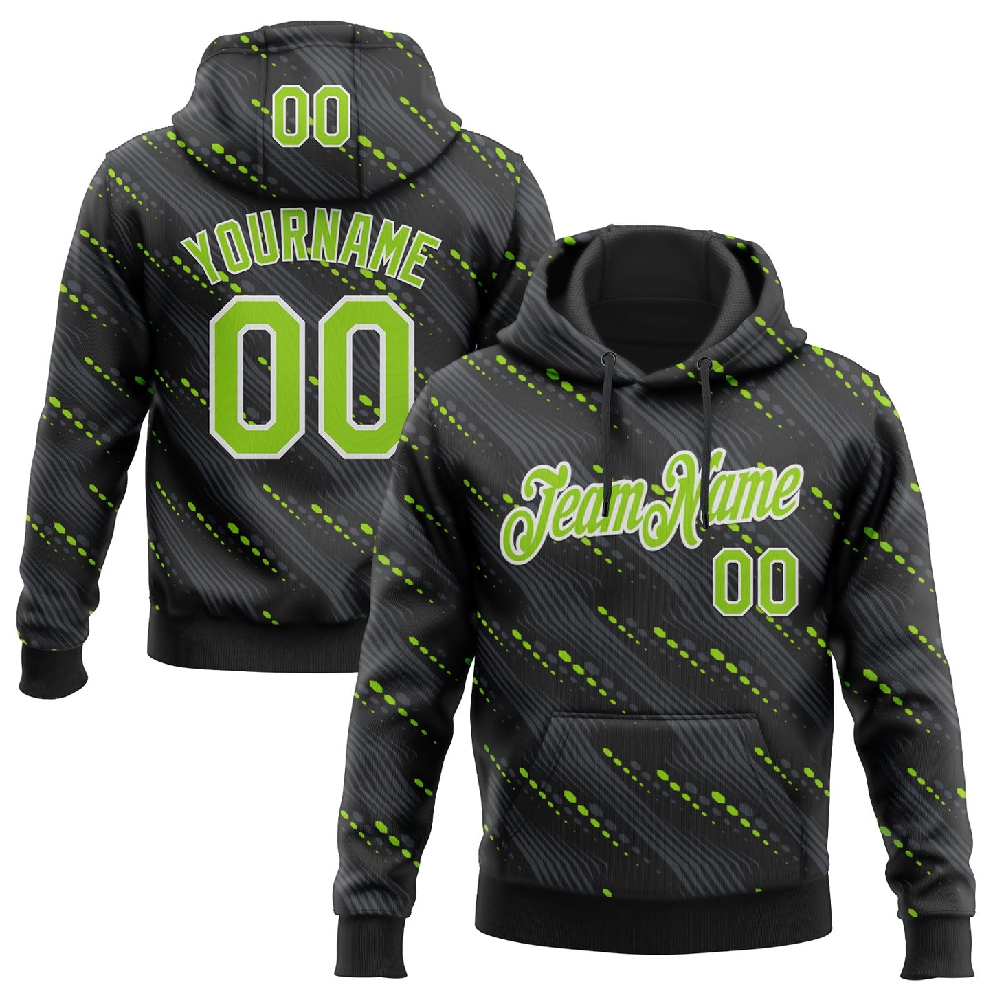 Custom Stitched Black Neon Green-White Slant Lines Sports Pullover Sweatshirt Hoodie - Main View