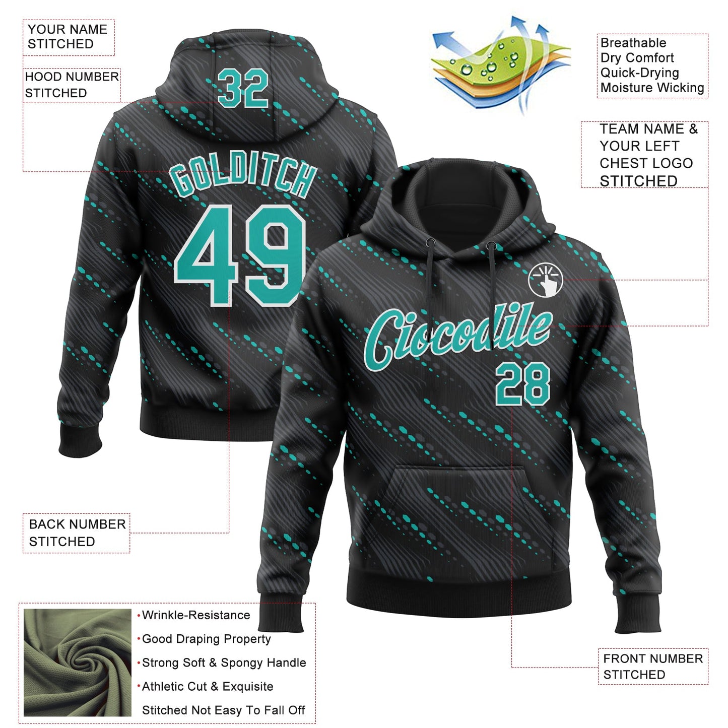 Custom Stitched Black Aqua-White Slant Lines Sports Pullover Sweatshirt Hoodie view 4