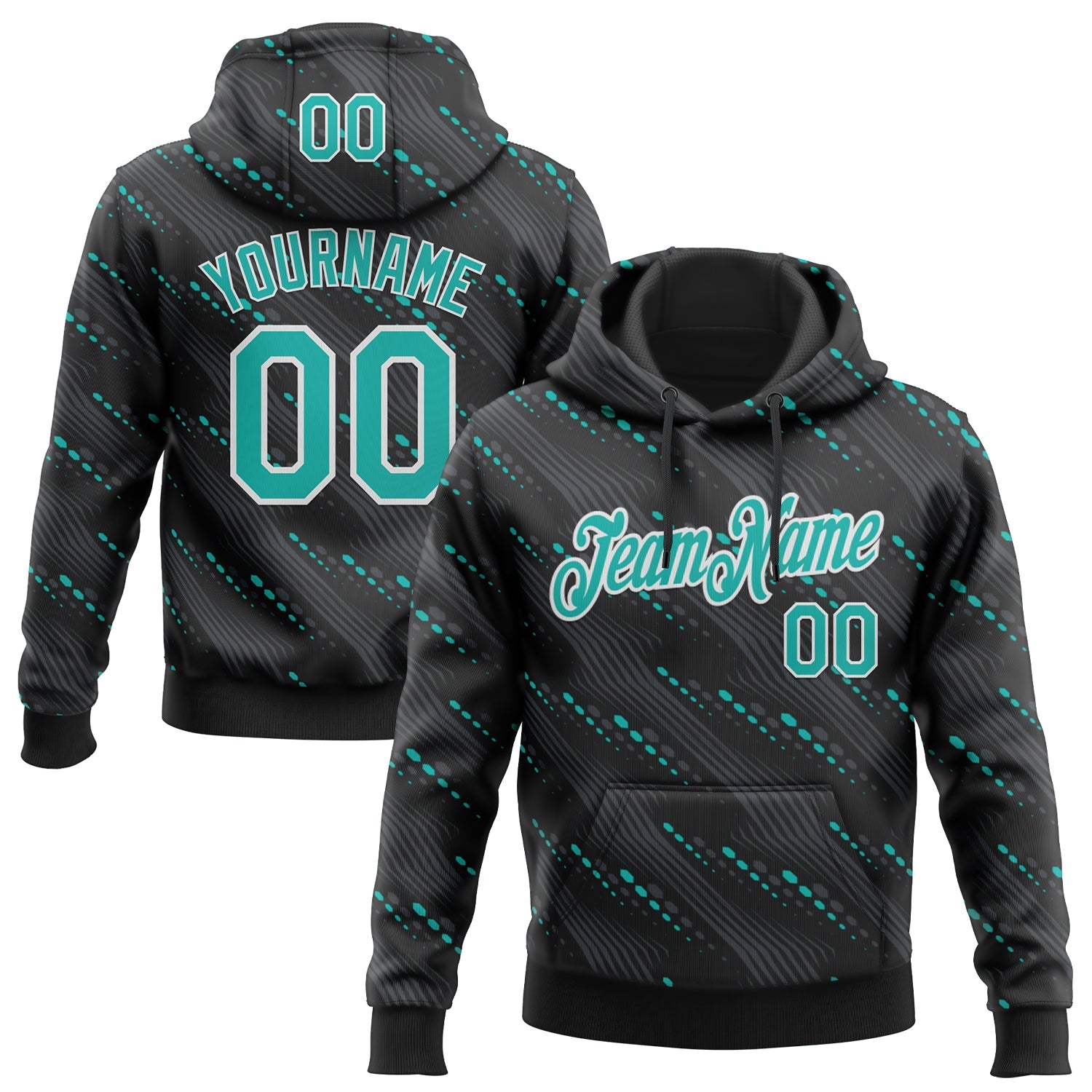 Custom Stitched Black Aqua-White Slant Lines Sports Pullover Sweatshirt Hoodie - Main View