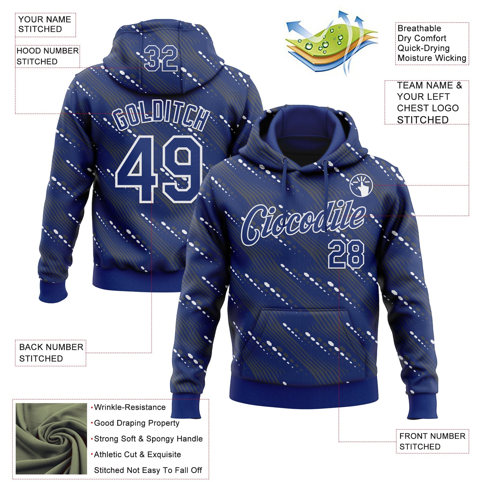 Custom Stitched Royal White Slant Lines Sports Pullover Sweatshirt Hoodie view 4