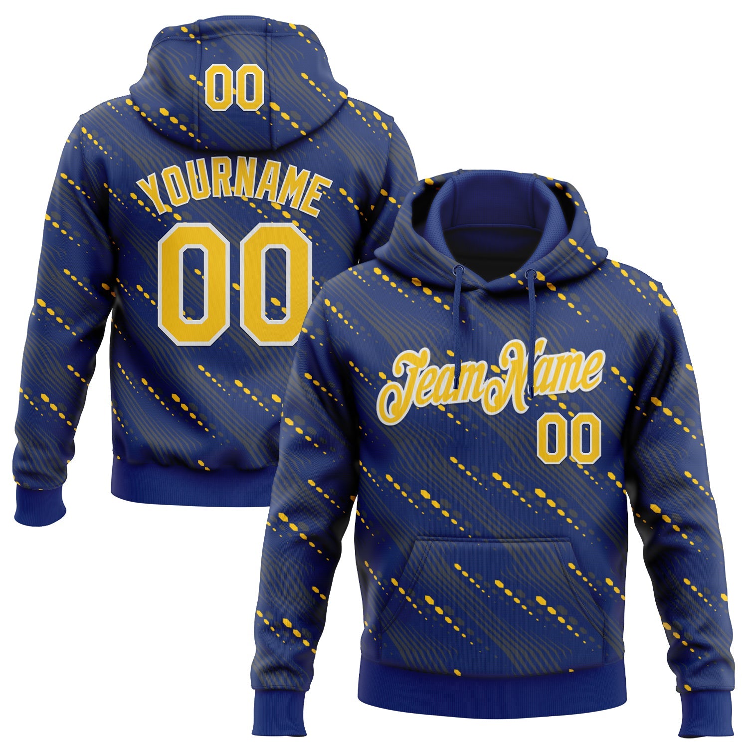 Custom Stitched Royal Yellow-White Slant Lines Sports Pullover Sweatshirt Hoodie - Main View