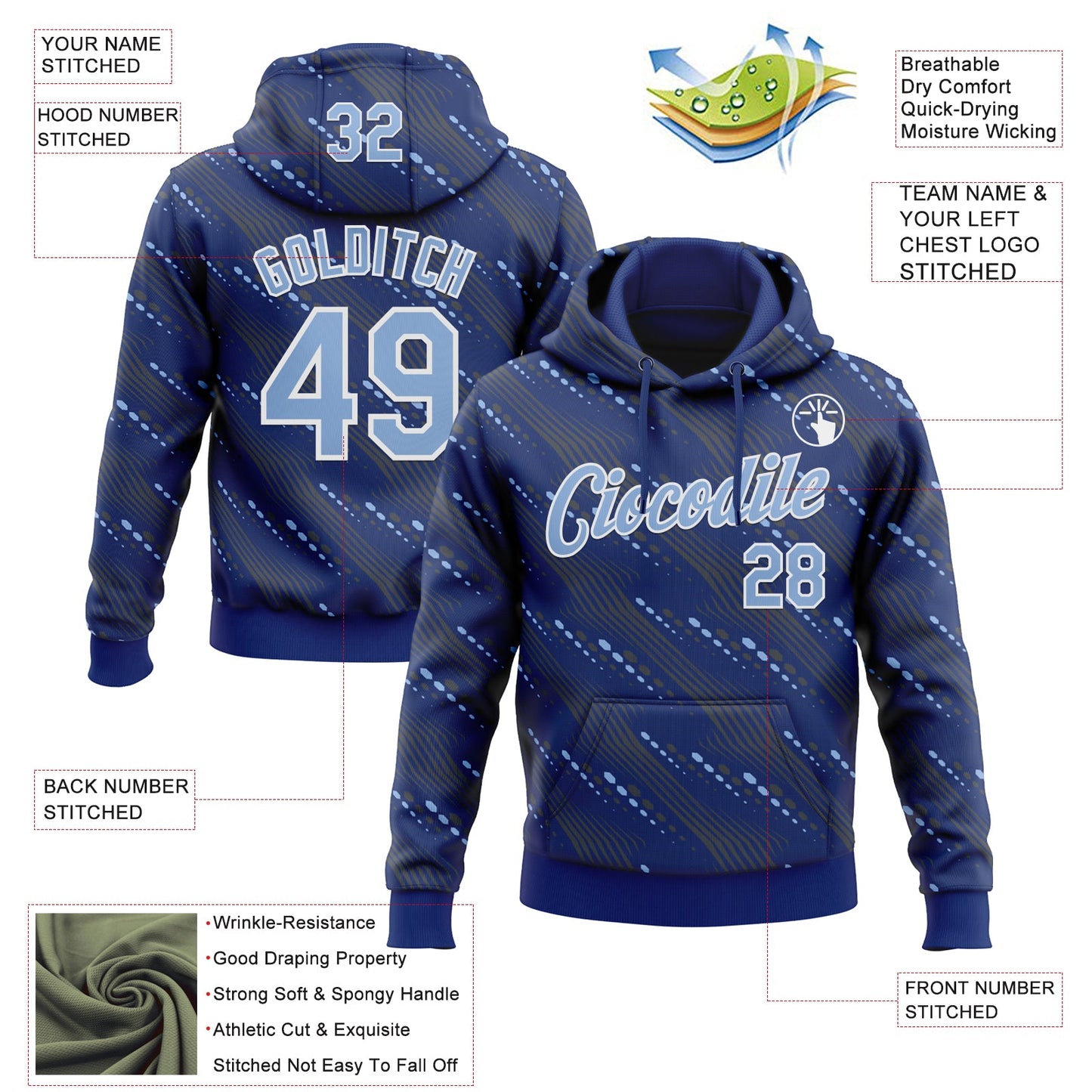 Custom Stitched Royal Light Blue-White Slant Lines Sports Pullover Sweatshirt Hoodie view 4