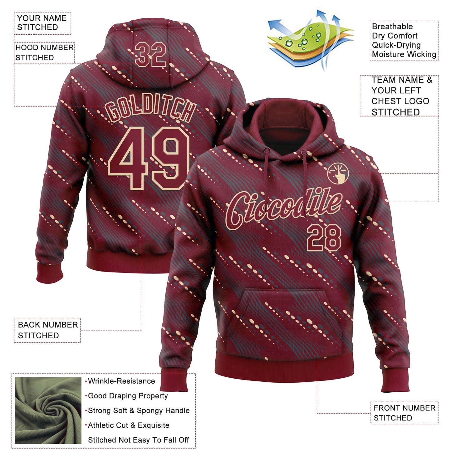 Custom Stitched Crimson Cream Slant Lines Sports Pullover Sweatshirt Hoodie view 4