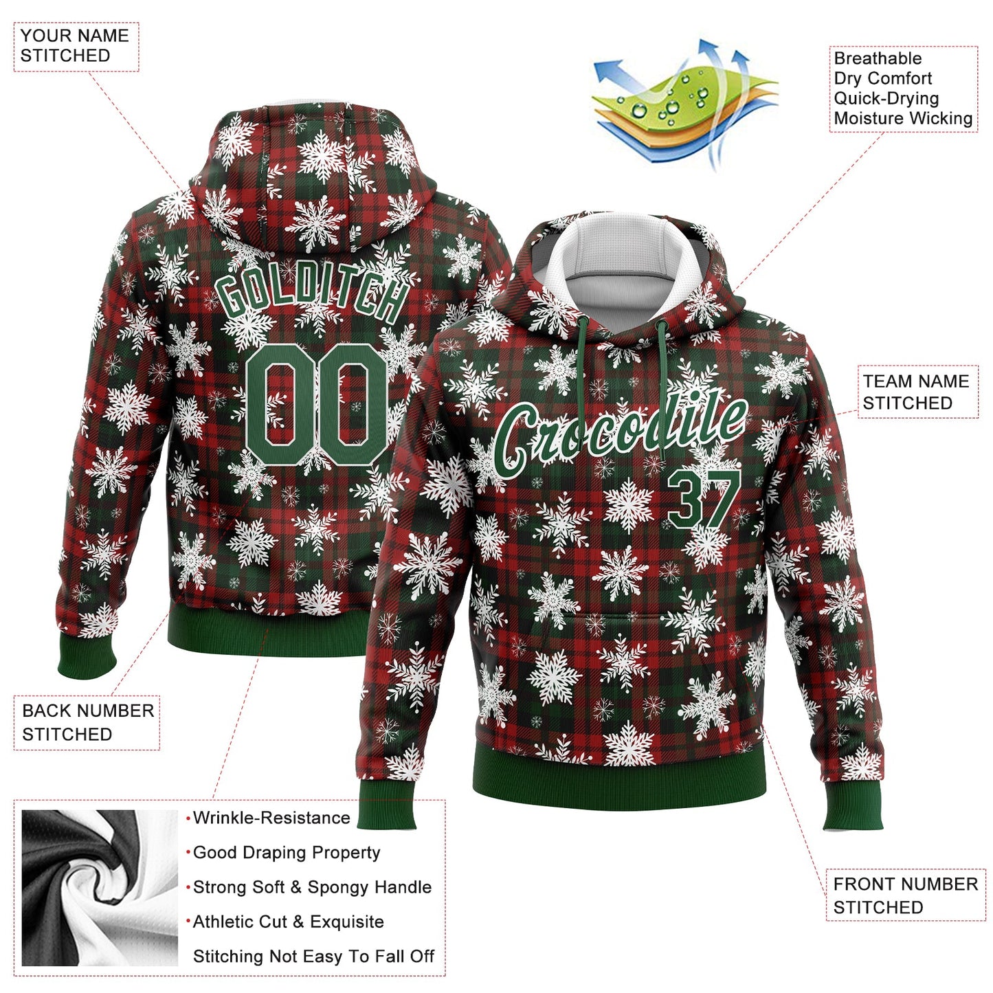 Custom Stitched Red Green-White 3D Christmas Plaid And Snow Sports Pullover Sweatshirt Hoodie view 2