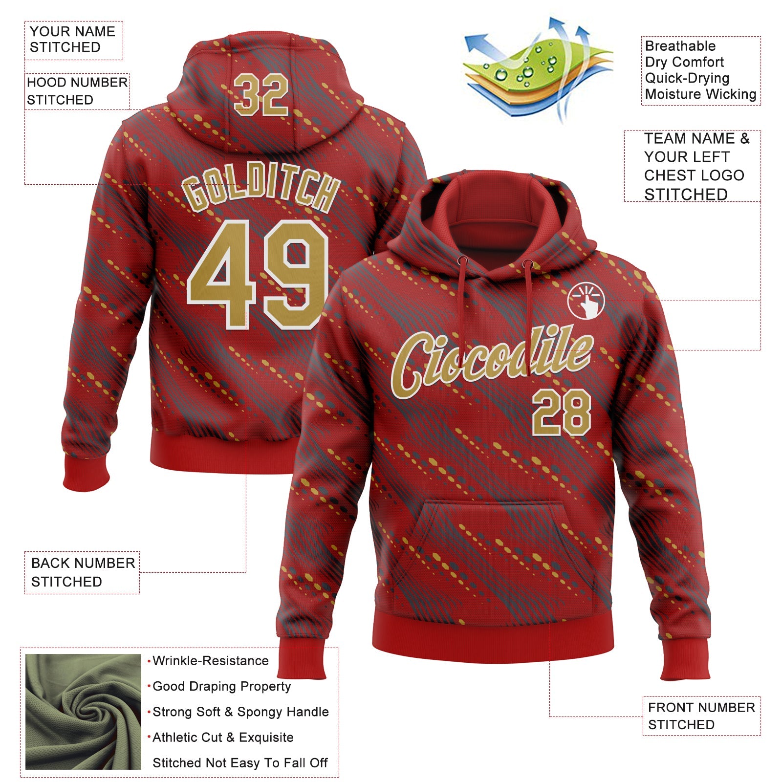 Custom Stitched Red Old Gold-White Slant Lines Sports Pullover Sweatshirt Hoodie view 4