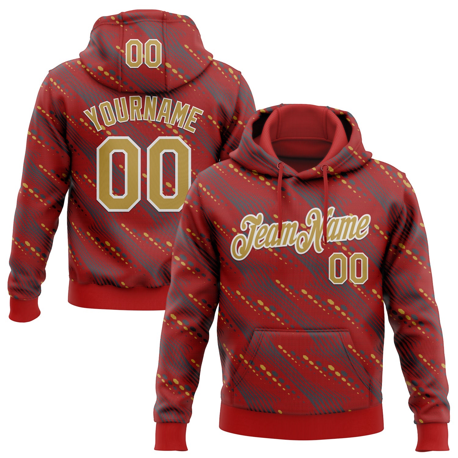 Custom Stitched Red Old Gold-White Slant Lines Sports Pullover Sweatshirt Hoodie - Main View