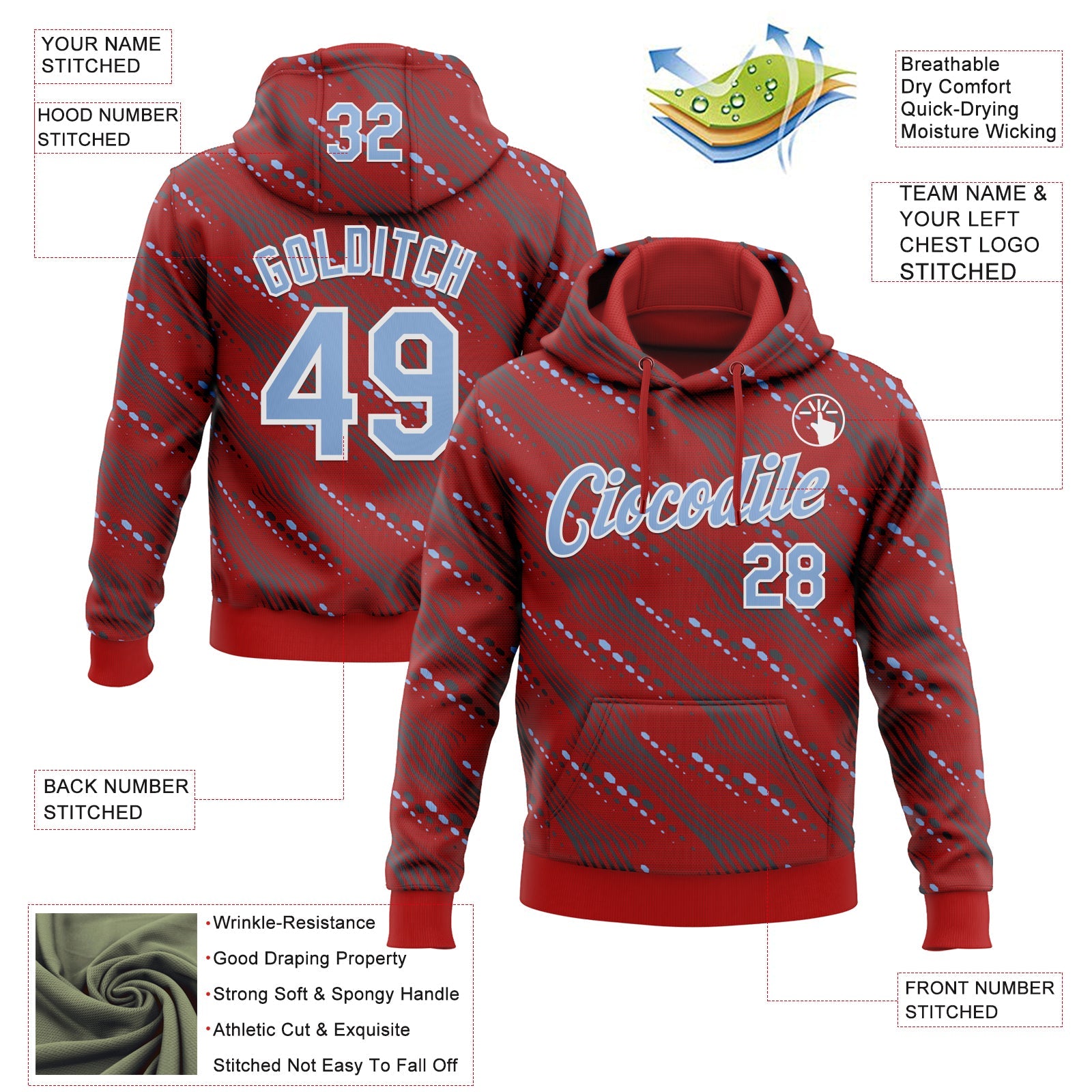 Custom Stitched Red Light Blue-White Slant Lines Sports Pullover Sweatshirt Hoodie view 4