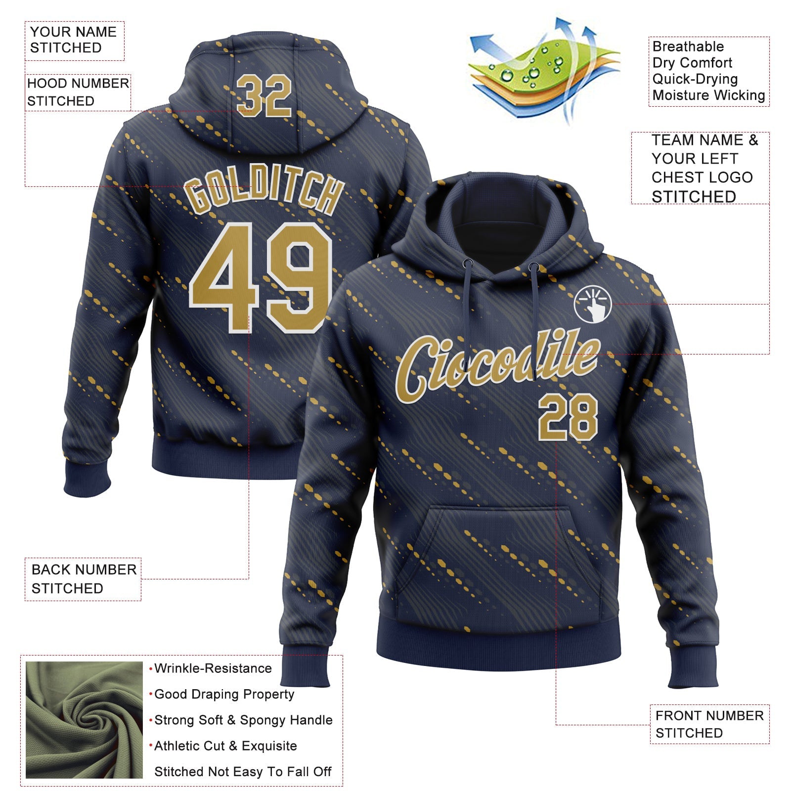 Custom Stitched Navy Old Gold-White Slant Lines Sports Pullover Sweatshirt Hoodie view 4