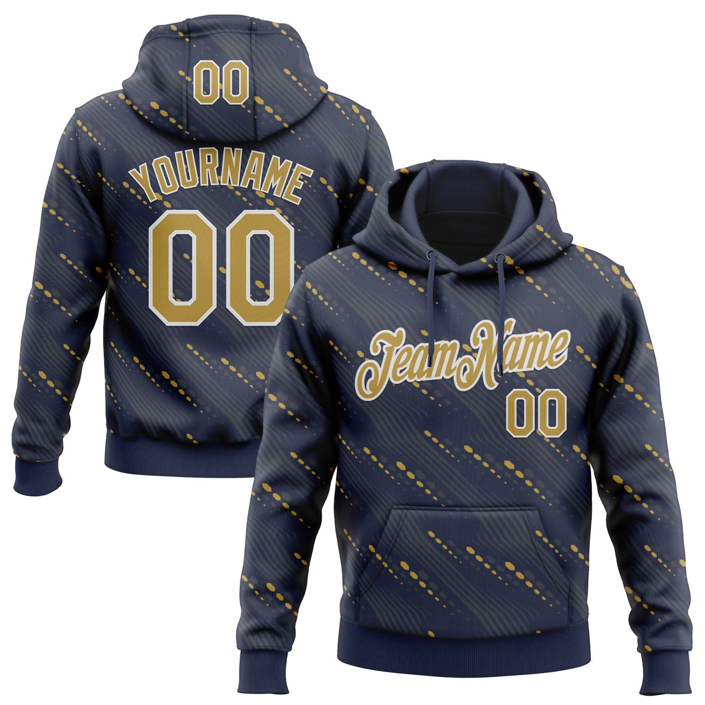 Custom Stitched Navy Old Gold-White Slant Lines Sports Pullover Sweatshirt Hoodie - Main View