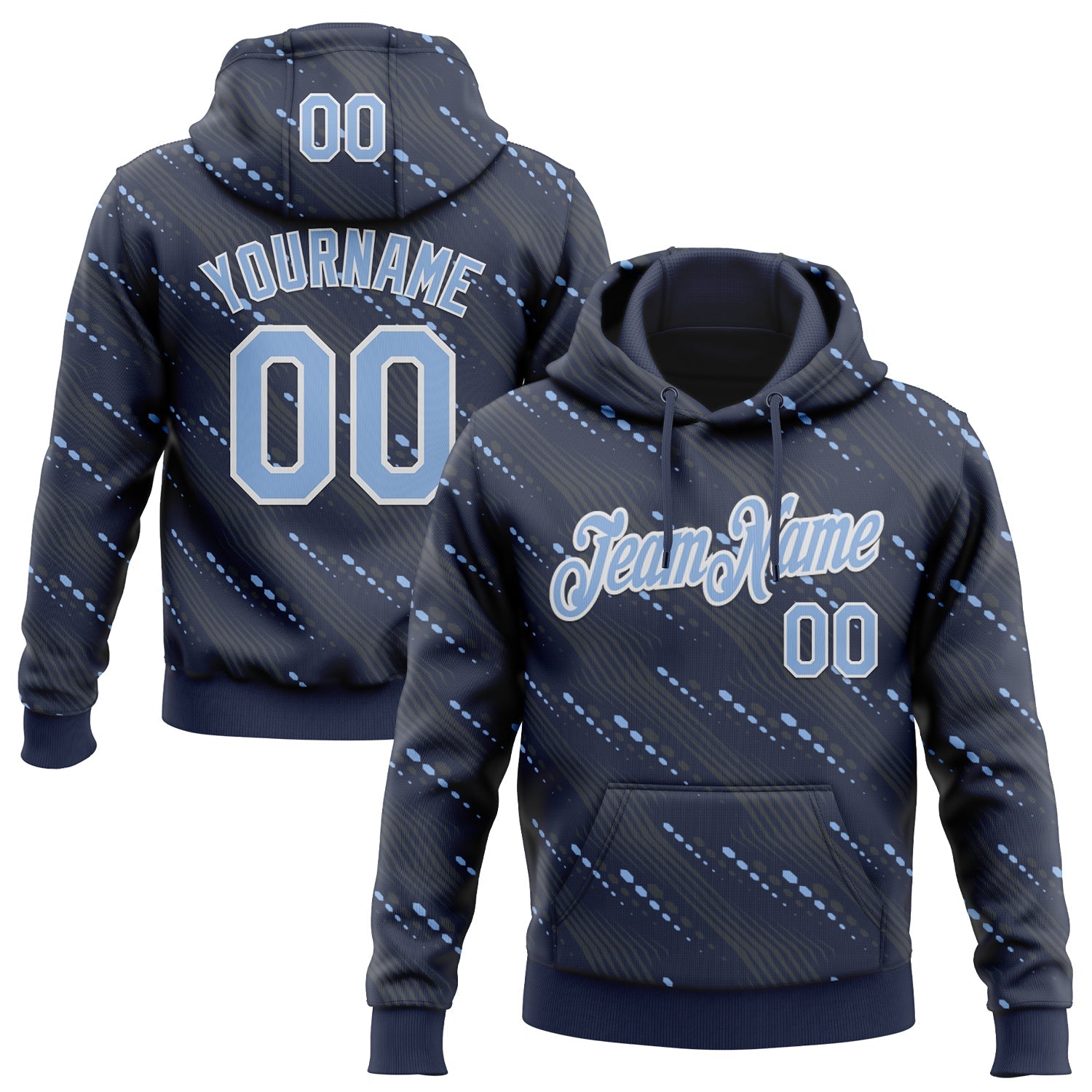Custom Stitched Navy Light Blue-White Slant Lines Sports Pullover Sweatshirt Hoodie - Main View