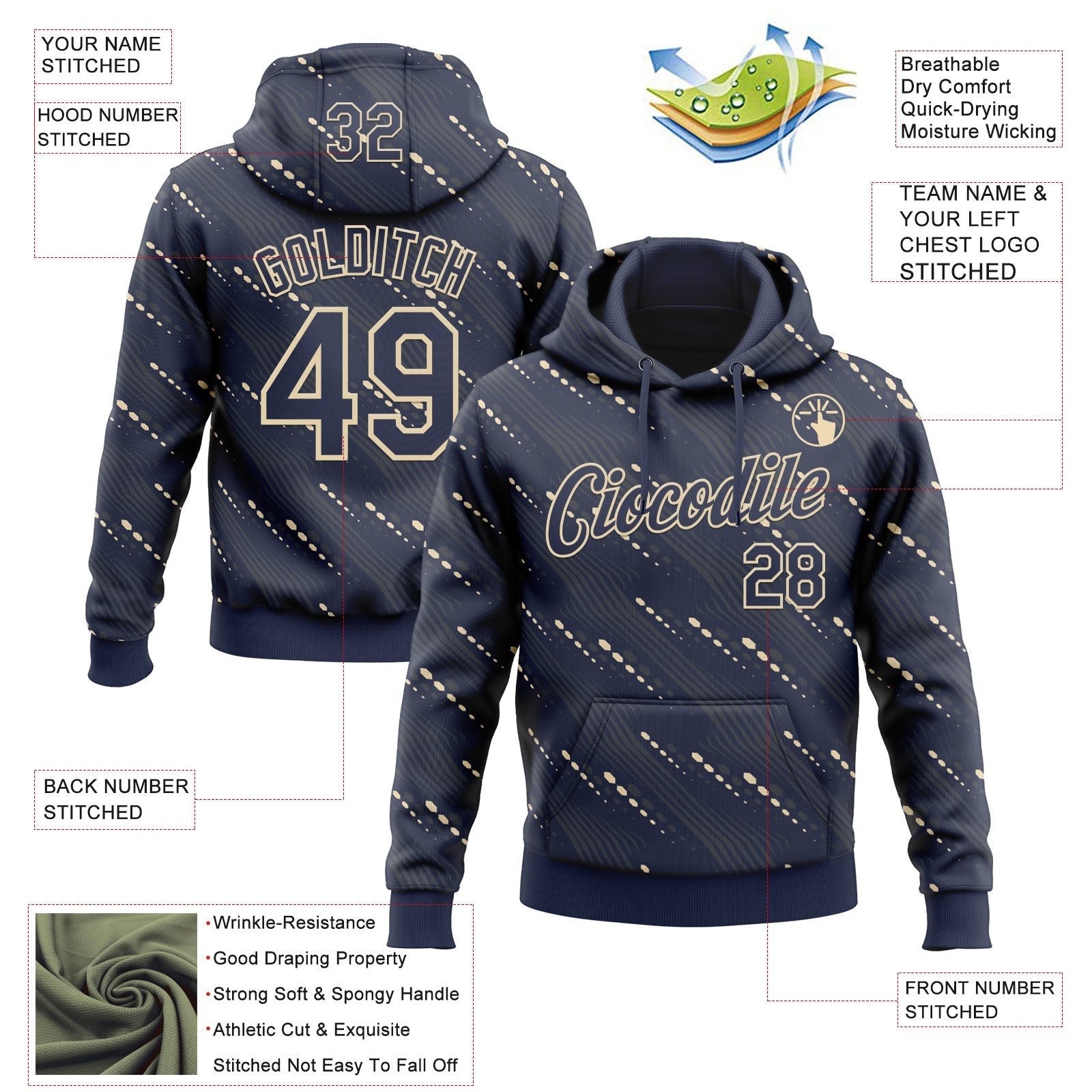 Custom Stitched Navy Cream Slant Lines Sports Pullover Sweatshirt Hoodie view 4