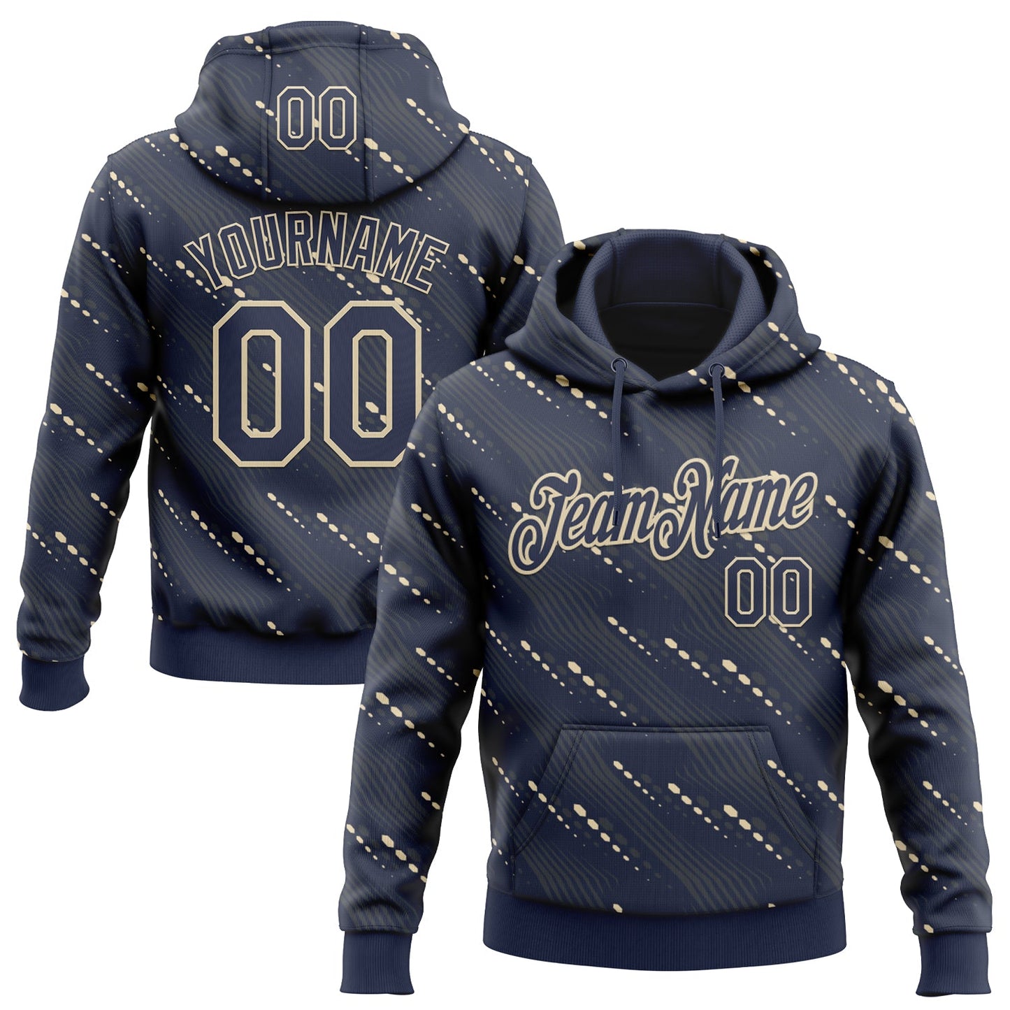 Custom Stitched Navy Cream Slant Lines Sports Pullover Sweatshirt Hoodie - Main View