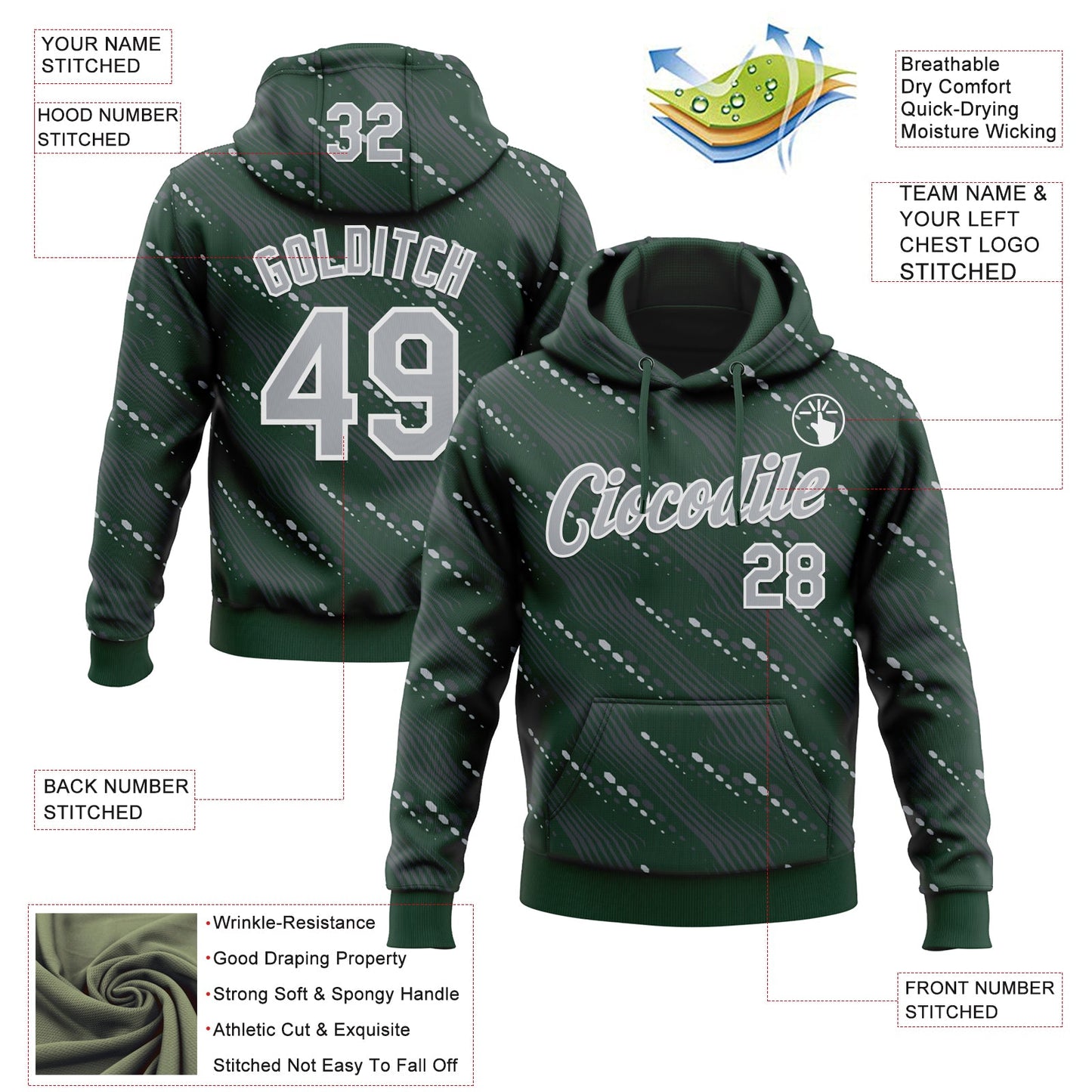 Custom Stitched Green Gray-White Slant Lines Sports Pullover Sweatshirt Hoodie view 4