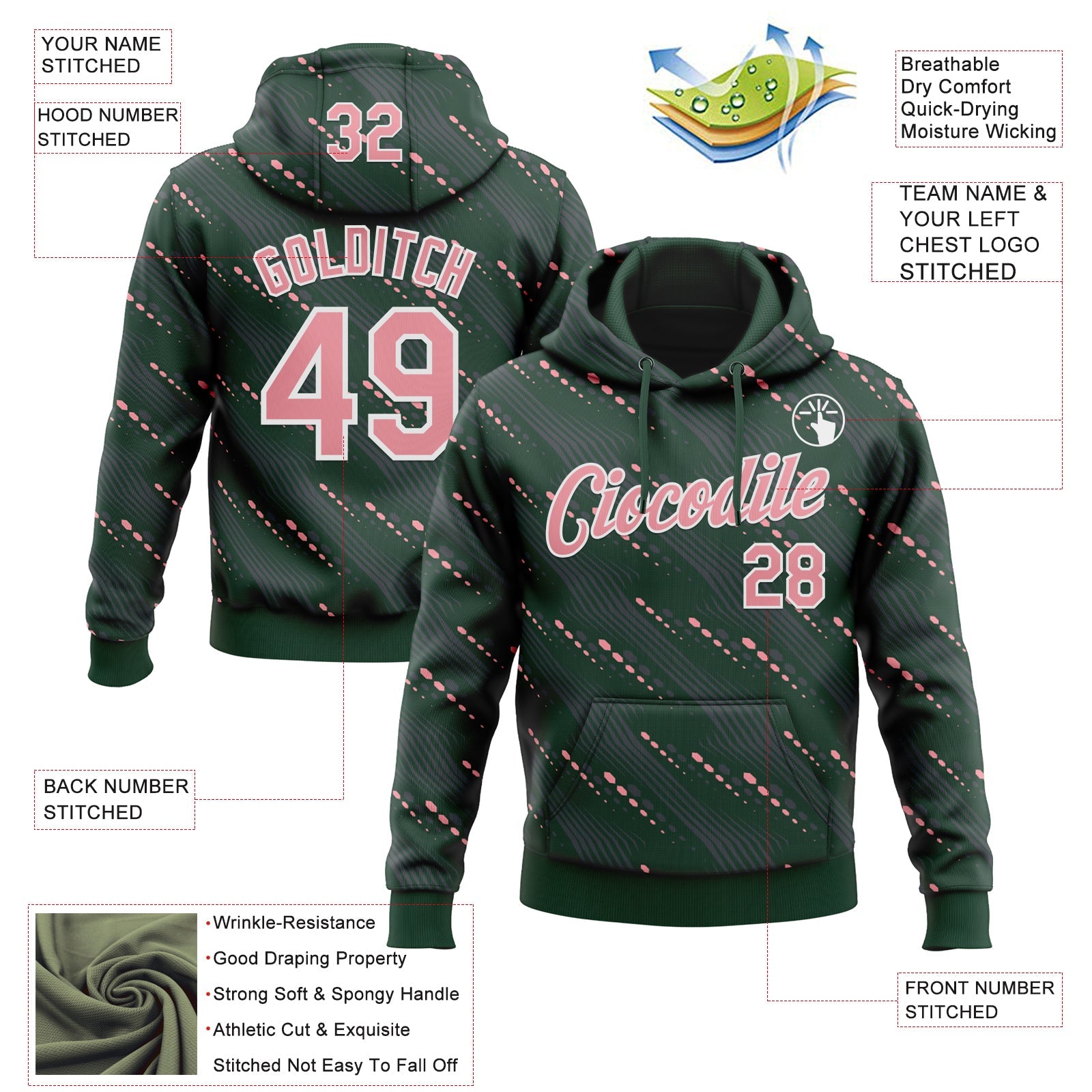 Custom Stitched Green Medium Pink-White Slant Lines Sports Pullover Sweatshirt Hoodie view 4