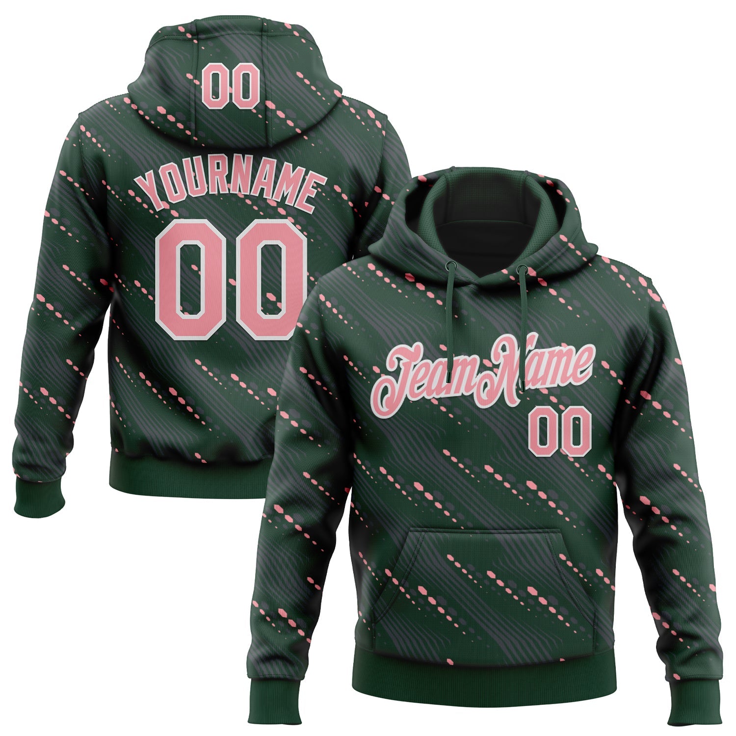 Custom Stitched Green Medium Pink-White Slant Lines Sports Pullover Sweatshirt Hoodie - Main View