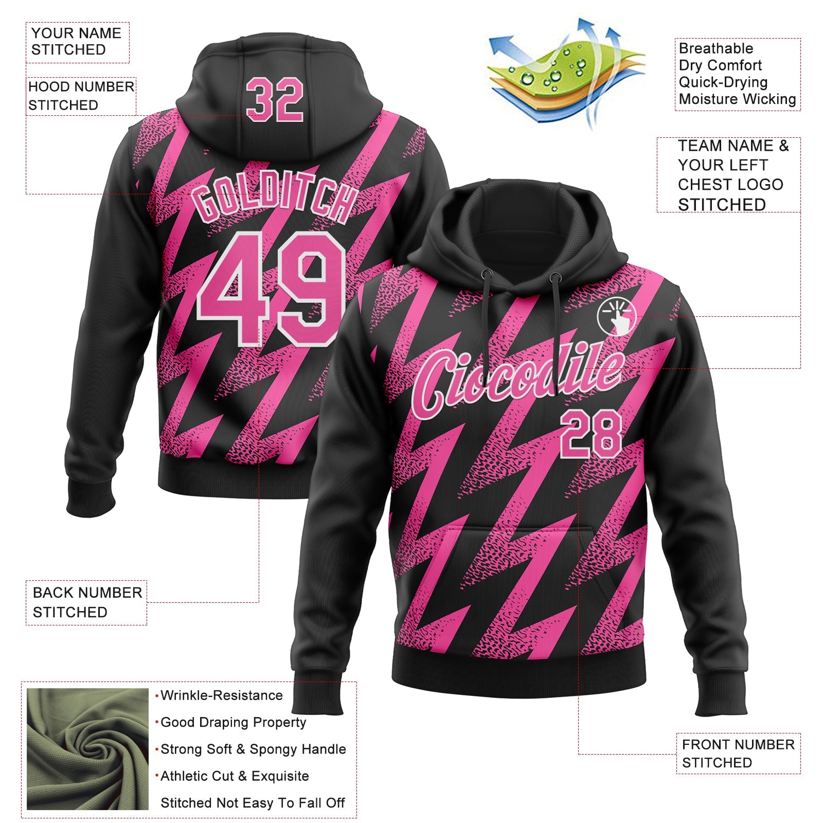 Custom Stitched Black Pink-White Zigzag Shape Sports Pullover Sweatshirt Hoodie view 4