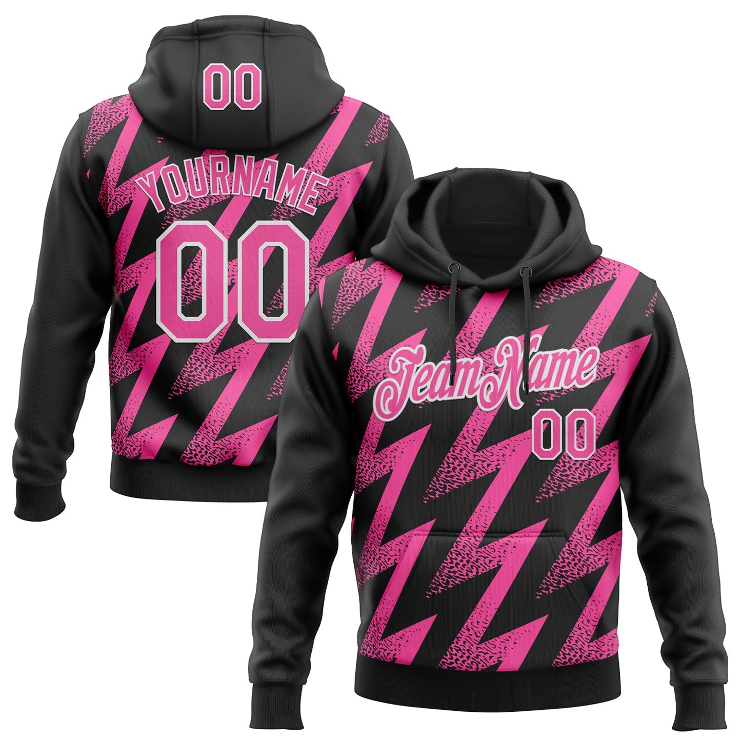 Custom Stitched Black Pink-White Zigzag Shape Sports Pullover Sweatshirt Hoodie - Main View