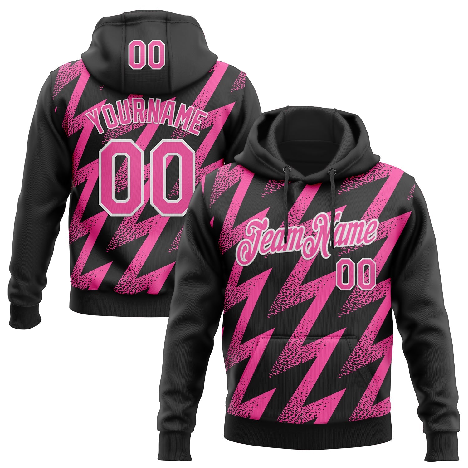 Custom Stitched Black Pink-White Zigzag Shape Sports Pullover Sweatshirt Hoodie - Main View