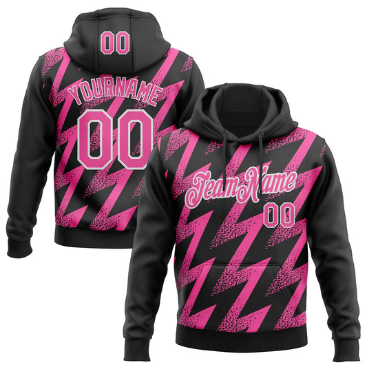 Custom Stitched Black Pink-White Zigzag Shape Sports Pullover Sweatshirt Hoodie - Main View