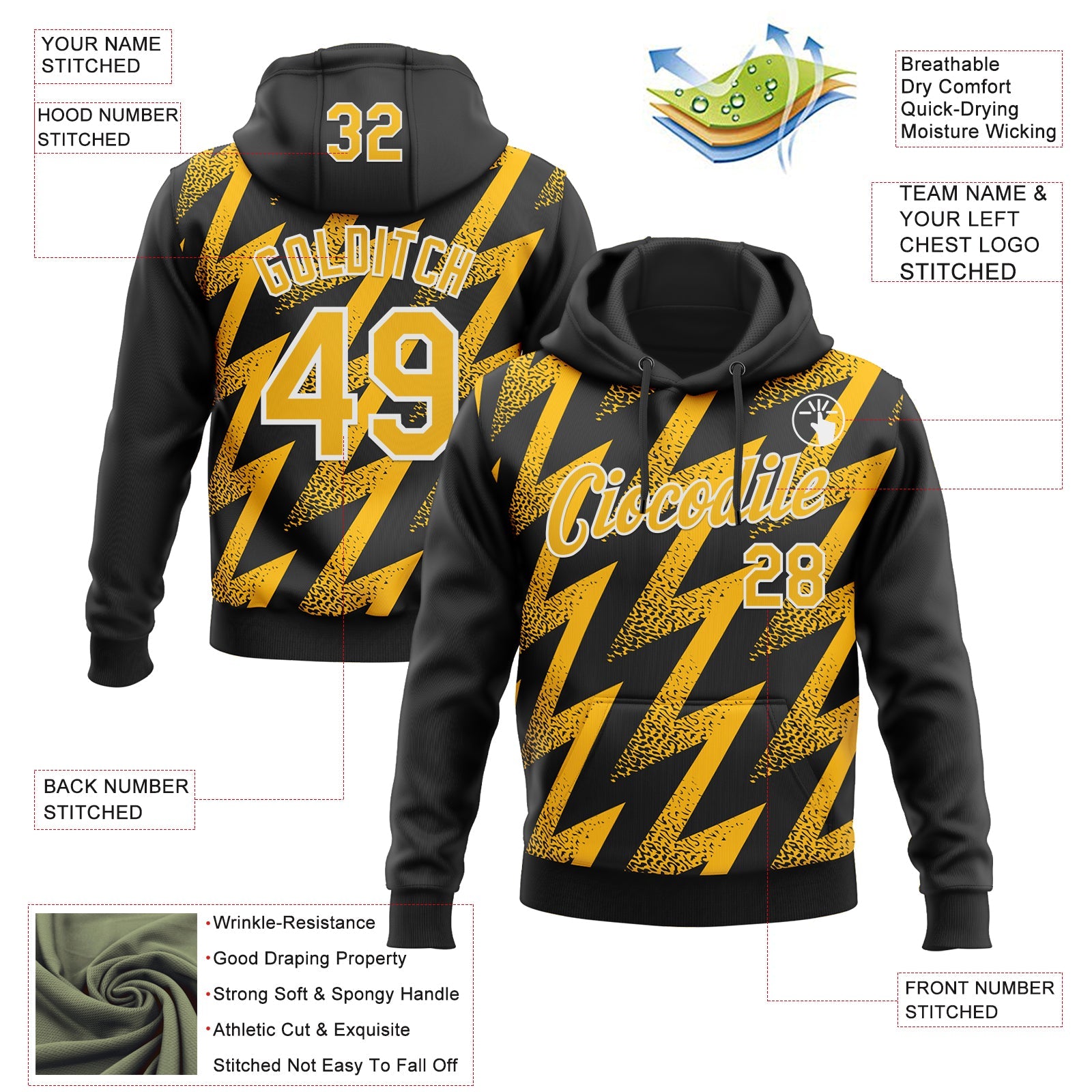 Custom Stitched Black Gold-White Zigzag Shape Sports Pullover Sweatshirt Hoodie view 4