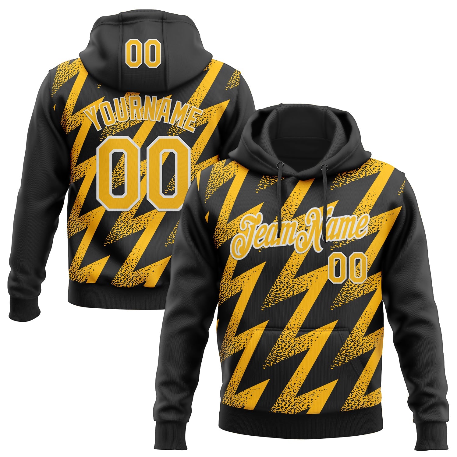 Custom Stitched Black Gold-White Zigzag Shape Sports Pullover Sweatshirt Hoodie - Main View