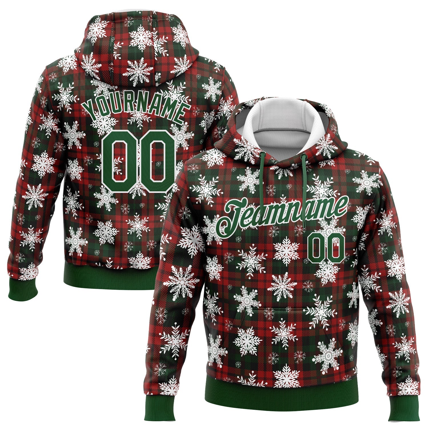 Custom Stitched Red Green-White 3D Christmas Plaid And Snow Sports Pullover Sweatshirt Hoodie - Main View
