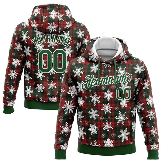 Custom Stitched Red Green-White 3D Christmas Plaid And Snow Sports Pullover Sweatshirt Hoodie - Main View