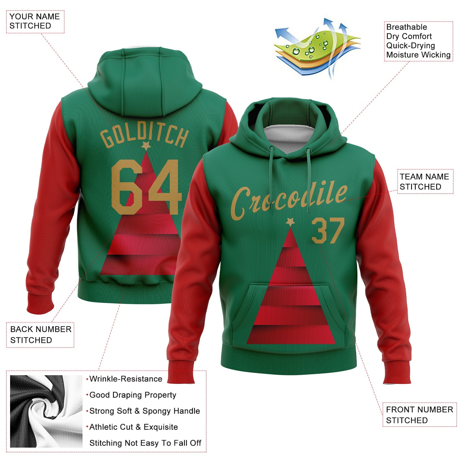 Custom Stitched Kelly Green Old Gold-Red 3D Christmas Tree Sports Pullover Sweatshirt Hoodie view 2
