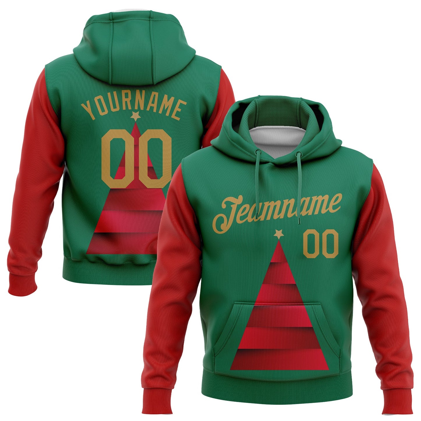 Custom Stitched Kelly Green Old Gold-Red 3D Christmas Tree Sports Pullover Sweatshirt Hoodie - Main View