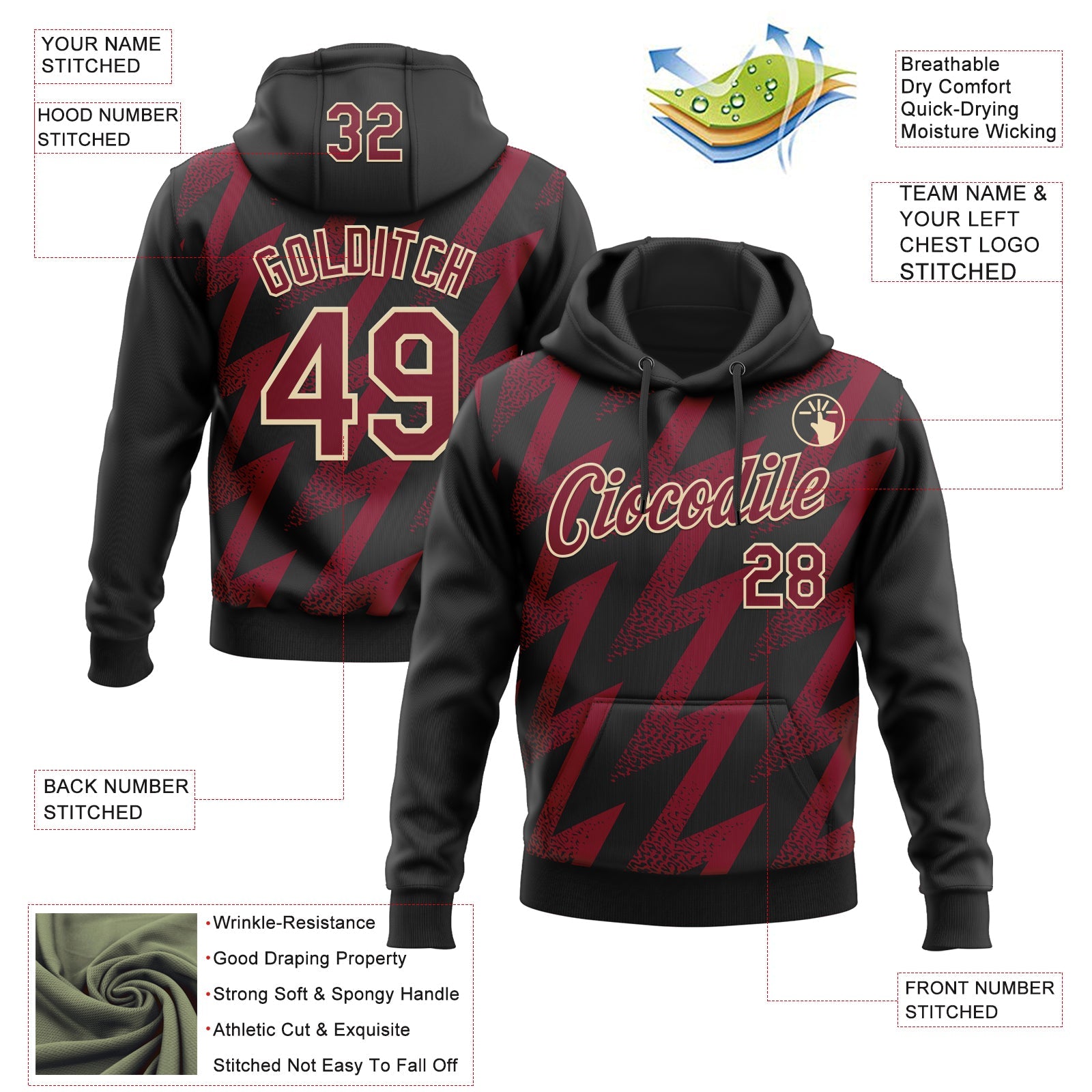 Custom Stitched Black Crimson-Cream Zigzag Shape Sports Pullover Sweatshirt Hoodie view 4