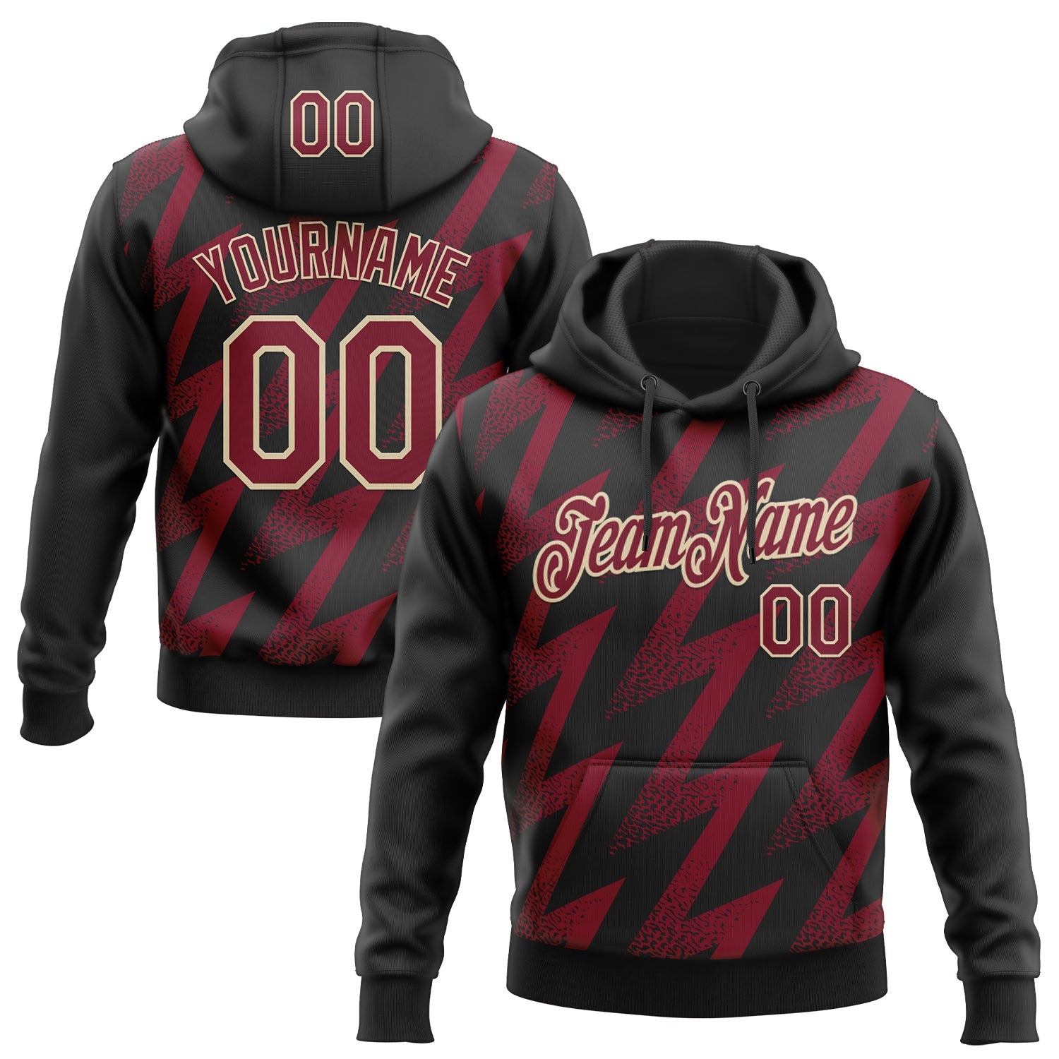 Custom Stitched Black Crimson-Cream Zigzag Shape Sports Pullover Sweatshirt Hoodie - Main View