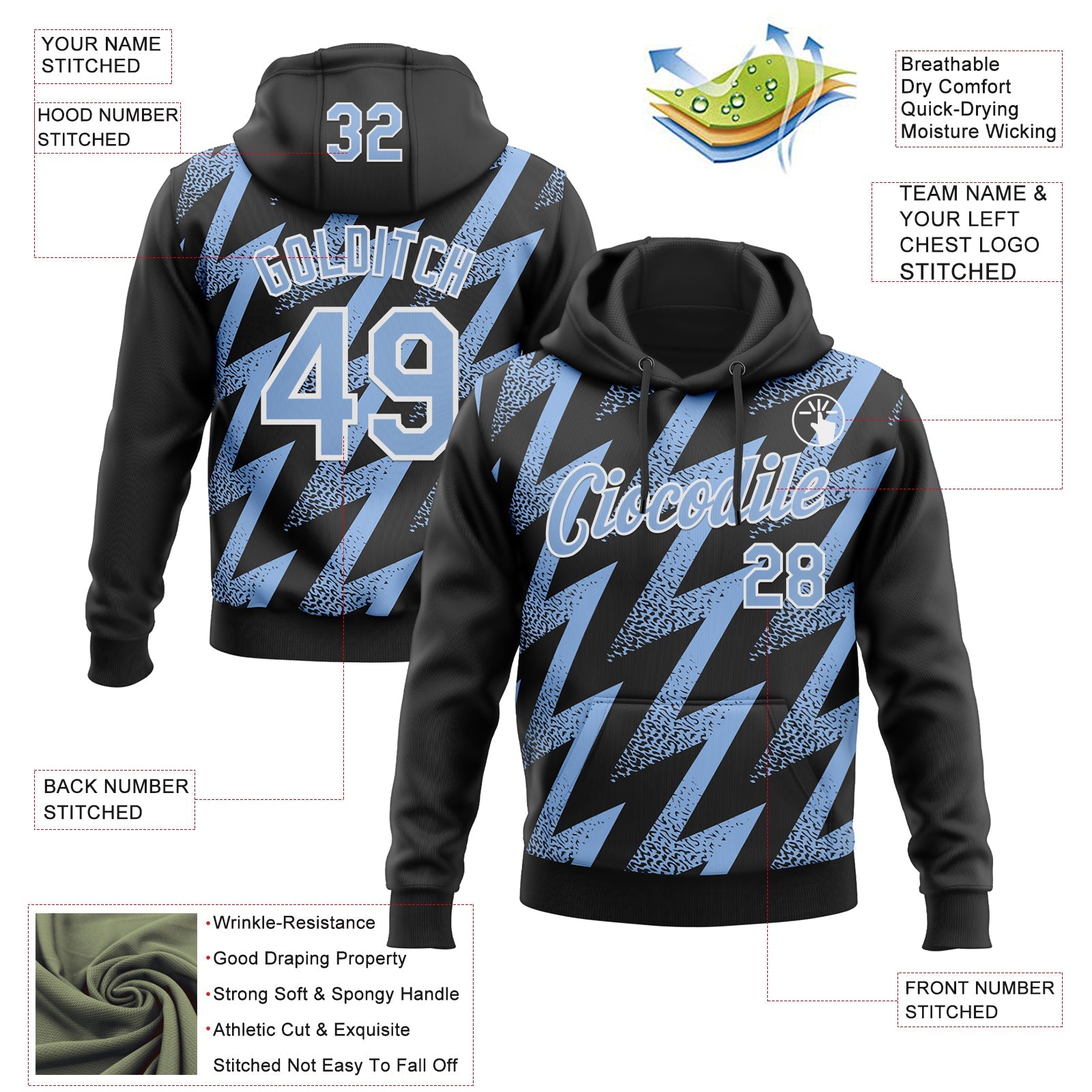 Custom Stitched Black Light Blue-White Zigzag Shape Sports Pullover Sweatshirt Hoodie view 4