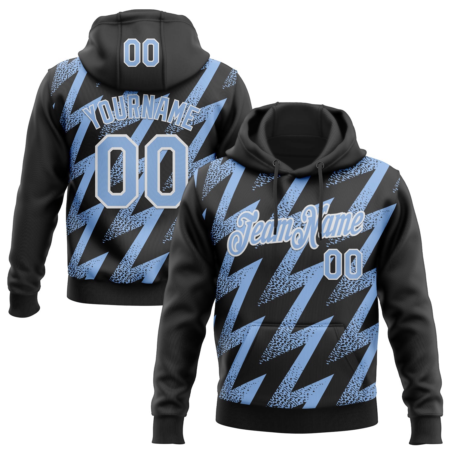 Custom Stitched Black Light Blue-White Zigzag Shape Sports Pullover Sweatshirt Hoodie - Main View